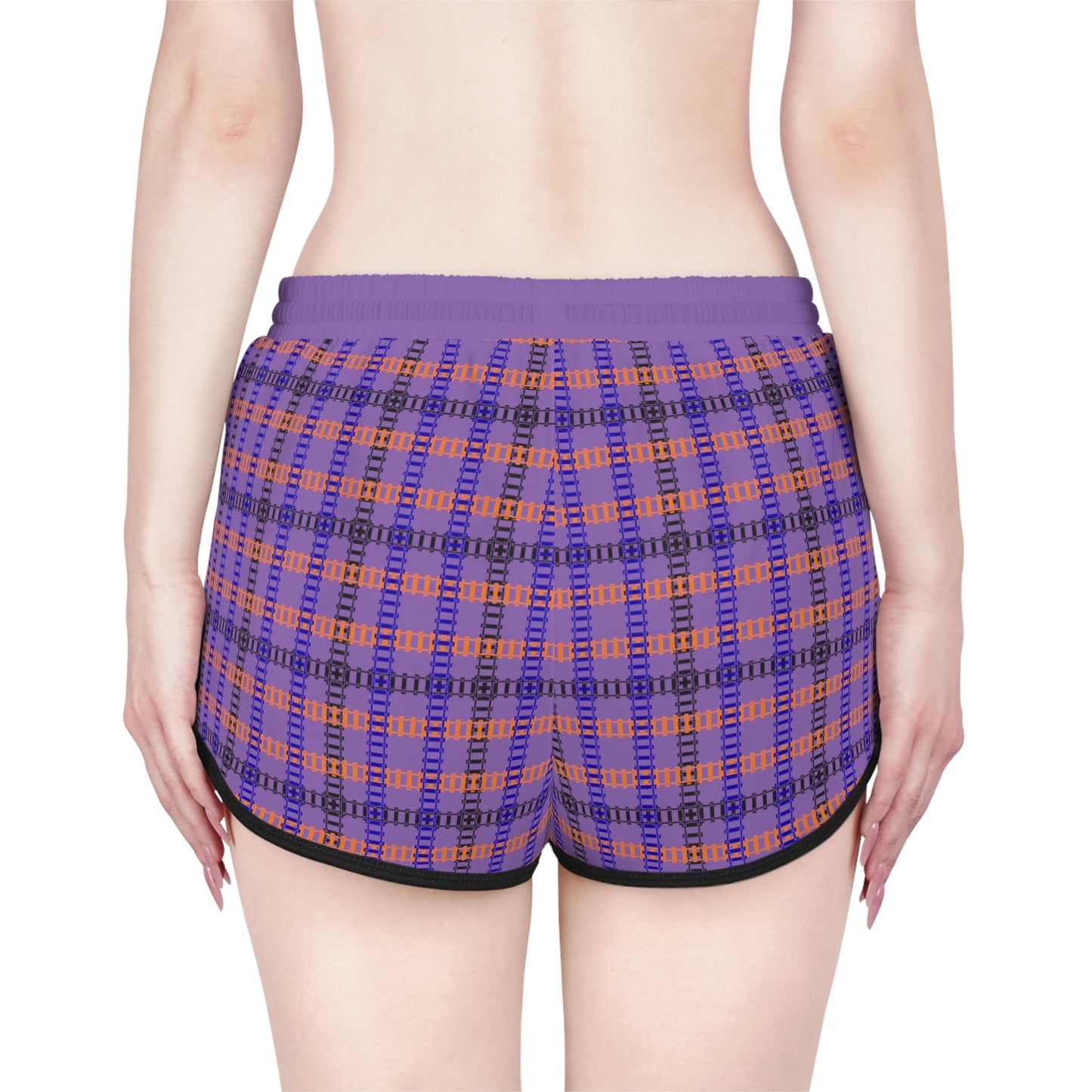 Cozy Casual Womens Shorts Perfect for Summer Days Lounging Beach or Sleepwear AOP Plaid Design Train Tracks Light Purple