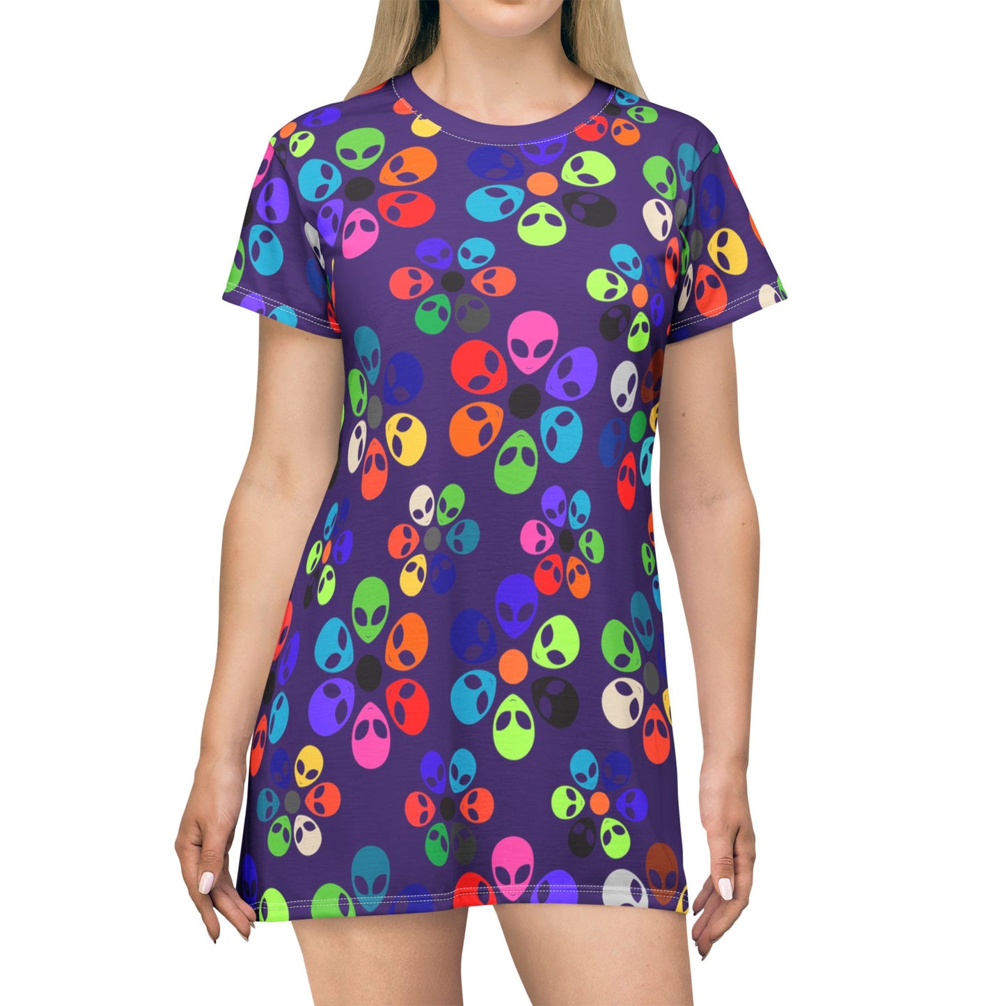 Colorful Alien TShirt Dress | Fun Casual Wear Summer Dress Festival Outfit Gift for UFO Lovers Unique Print Alien Rainbow Flowers Purple