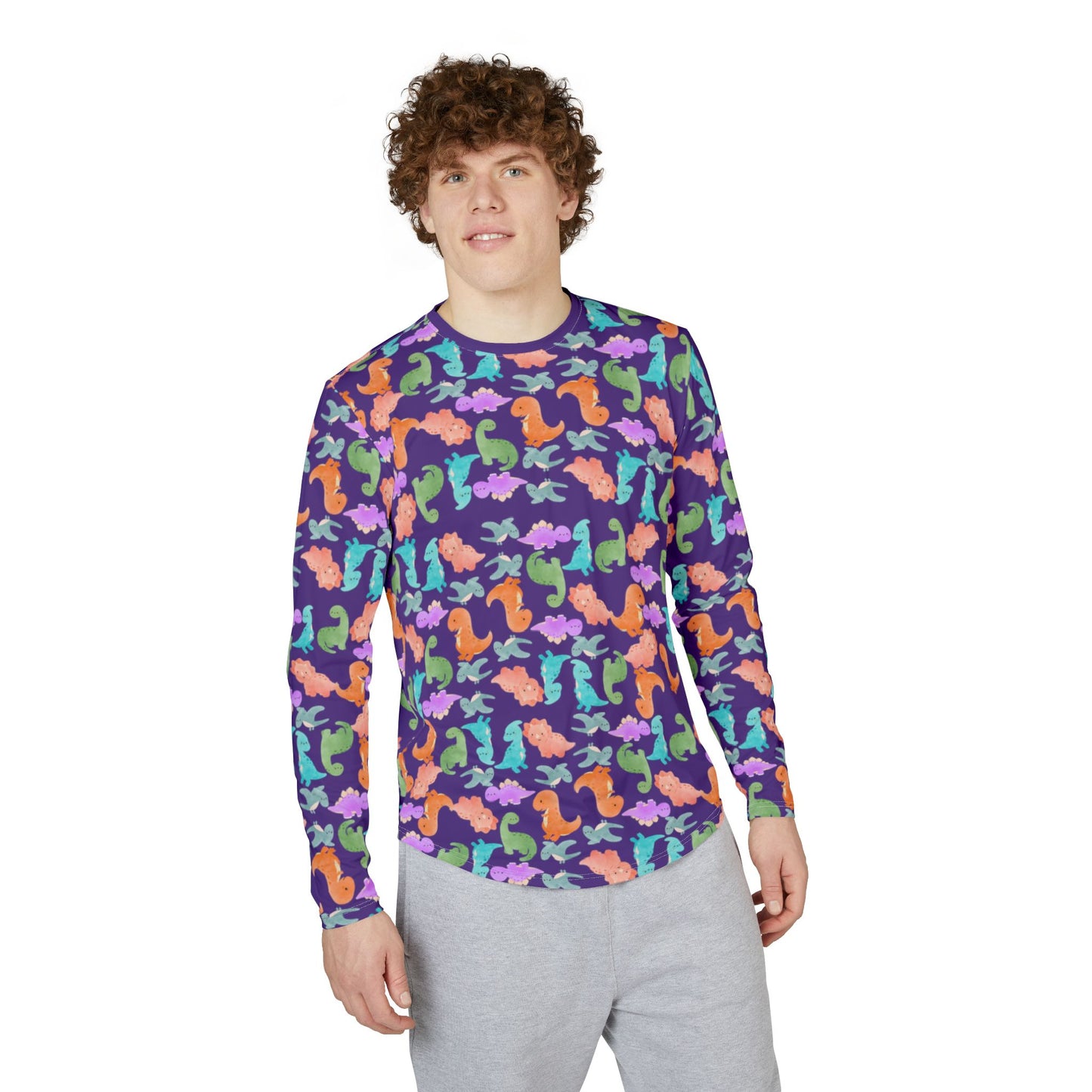 Colorful Dino UV Protection Shirt for Men | Long Sleeve Sun Shirt Outdoor Apparel Beachwear Vacation Top Summer Essentials Rainbow Dinos Purple
