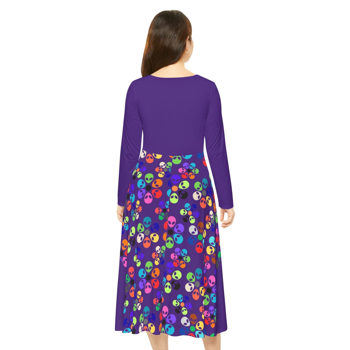 Vibrant Womens Long Sleeve Dance Dress Colorful Floral Style Perfect for Dance Parties Celebrations BohoChic Fashion Alien Rainbow Flowers Purple