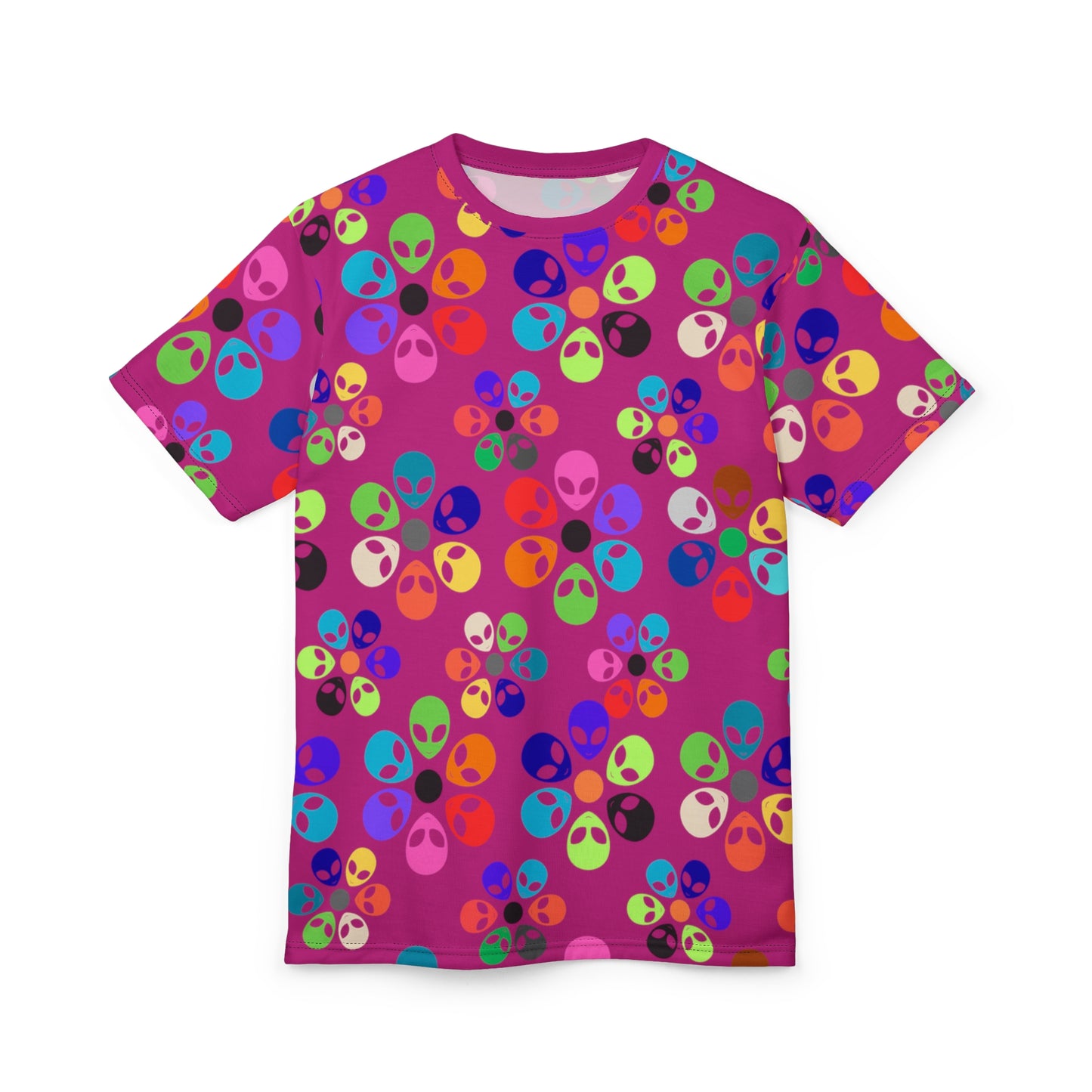 Colorful Alien Print Unisex TShirt Fun Graphic Tee Quirky Fashion Wear Gift for SciFi Lovers Trendy Casual Style Summer Apparel Alien Rainbow Flowers Pink