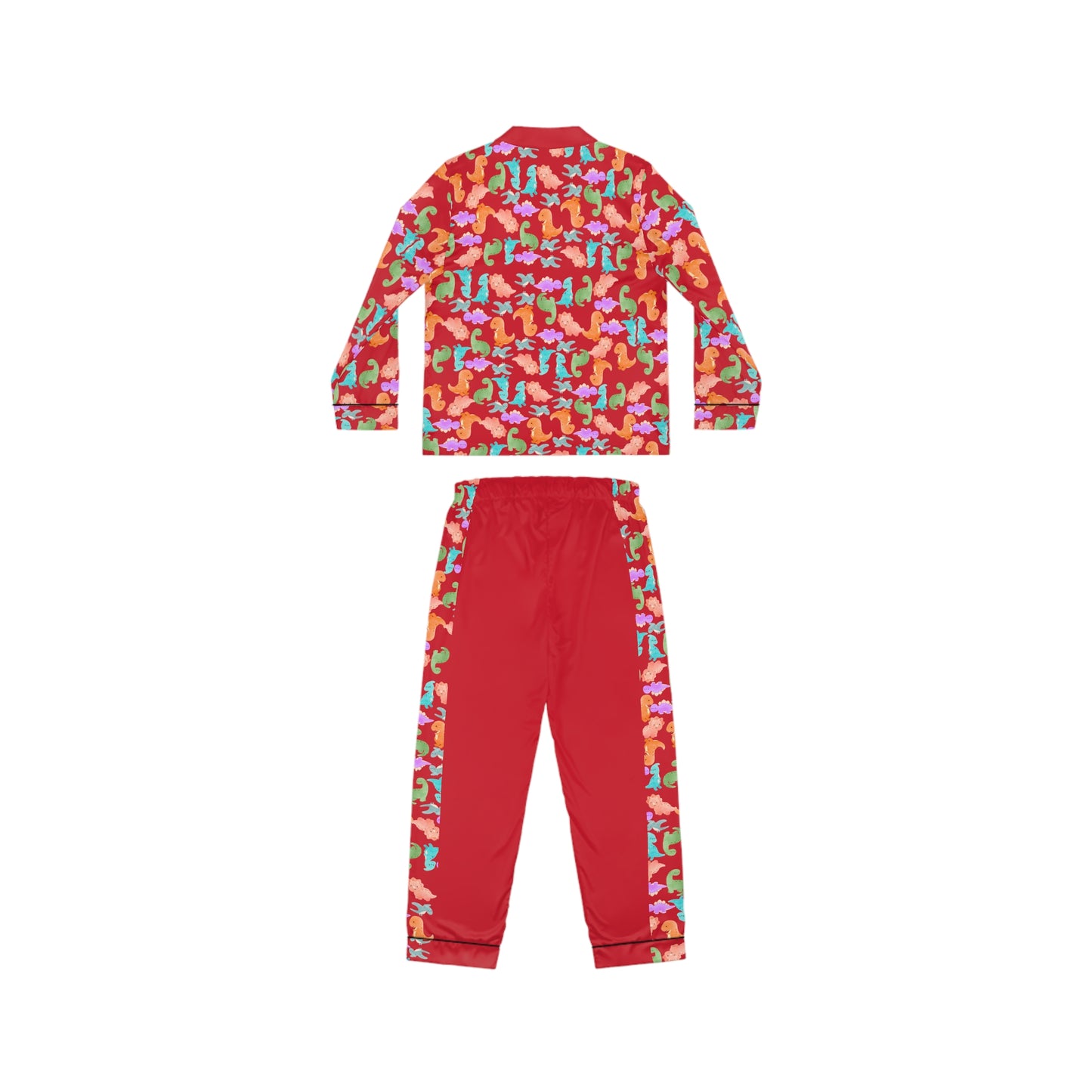 Colorful Womens Satin Pajamas Set Cozy Sleepwear Cute Loungewear for Celebrations Birthday Gift for Her Relaxation Clothing Rainbow Dinos Dark Red
