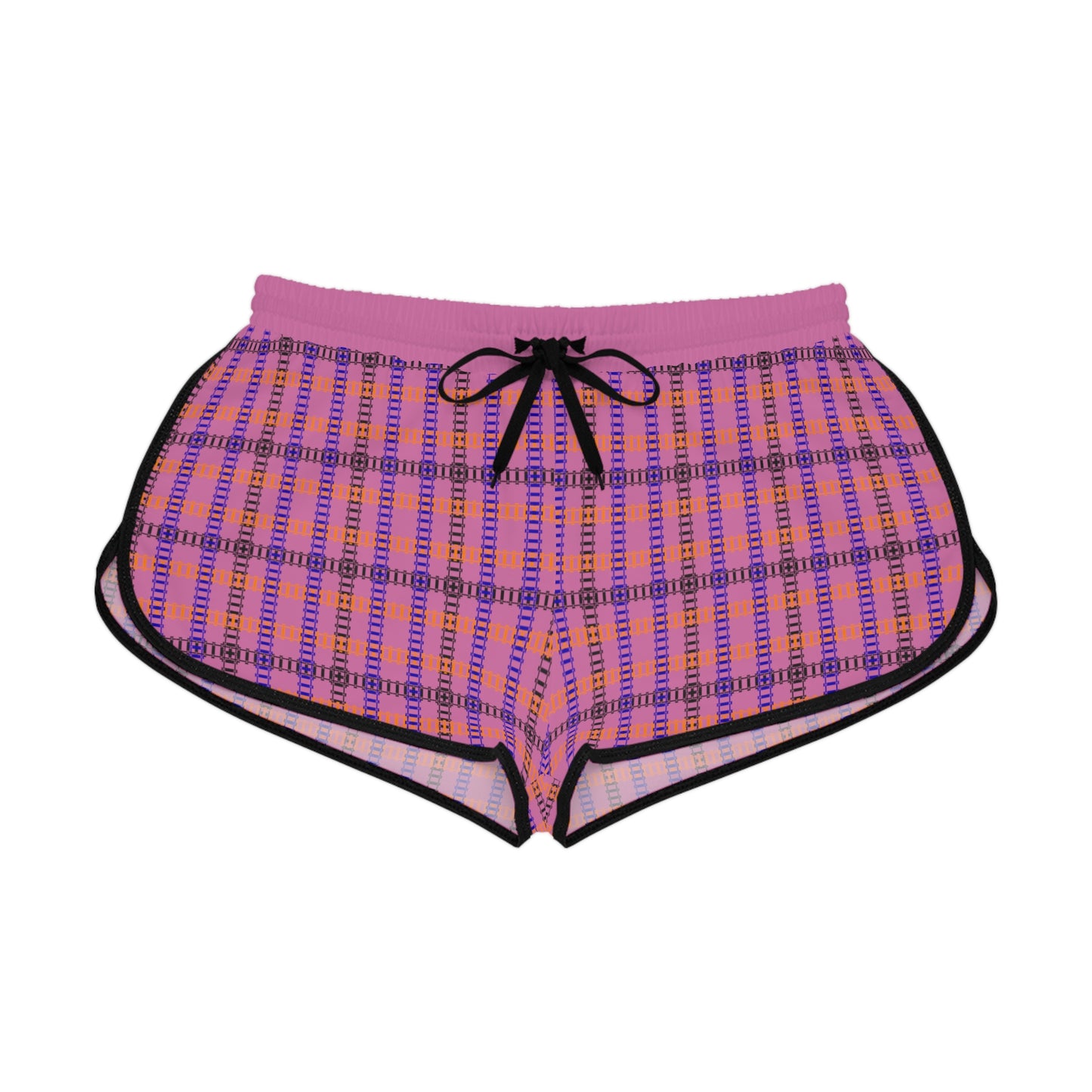 Cozy Casual Womens Shorts Perfect for Summer Days Lounging Beach or Sleepwear AOP Plaid Design Train Tracks Light Pink