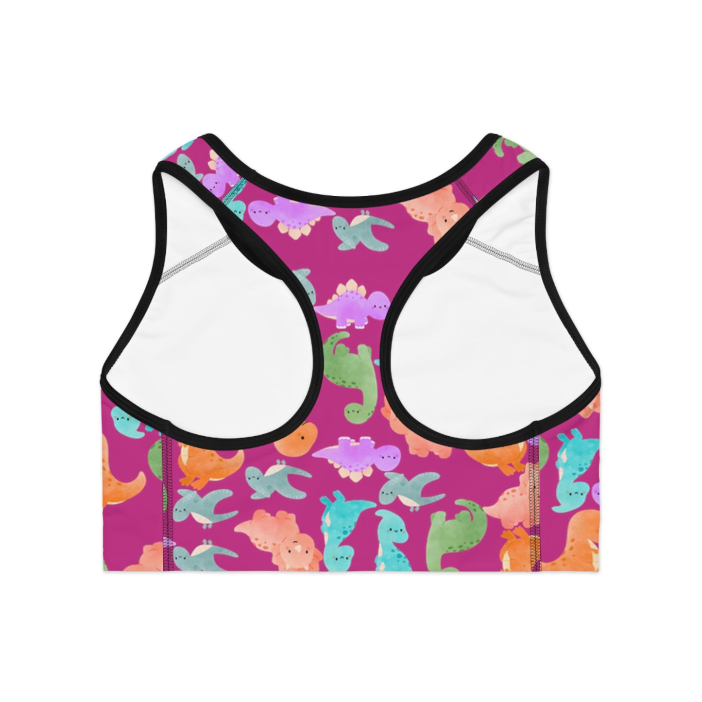 Colorful Dinosaur Print Sports Bra Cute Activewear Gym Top Fitness Wear Gifts for Her Workout Clothing Rainbow Dinos Pink