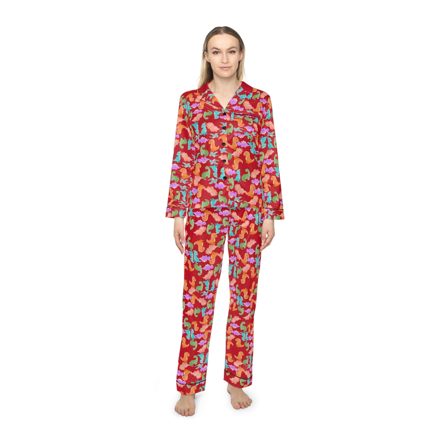 Colorful Womens Satin Pajamas Set Cozy Sleepwear Cute Loungewear for Celebrations Birthday Gift for Her Relaxation Clothing Rainbow Dinos Dark Red