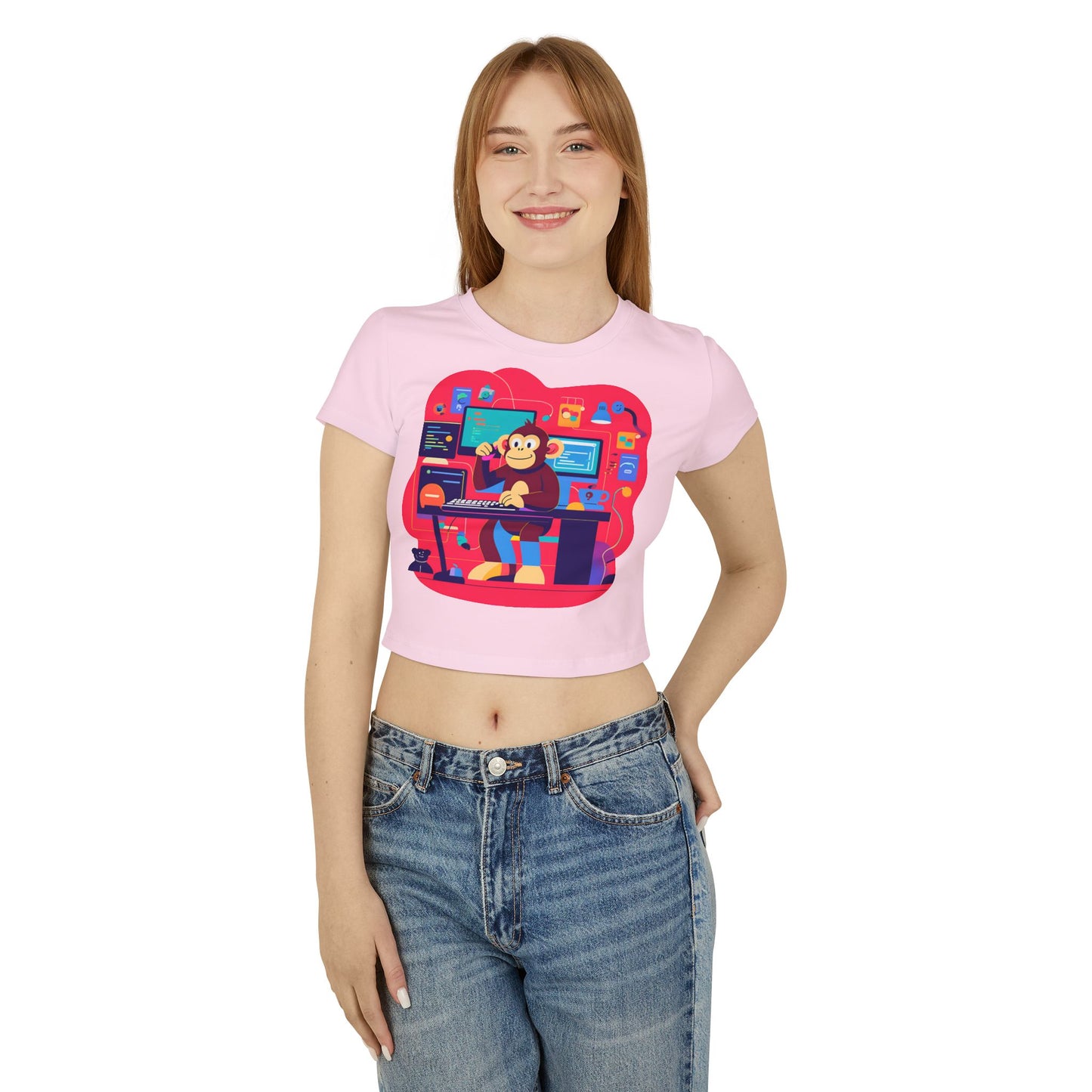 Playful Monkey Graphic Baby Tee for Women, Funny Casual T-Shirt, Gift for Gamers, Cute Animal Shirt, Summer Fashion, Birthday Present