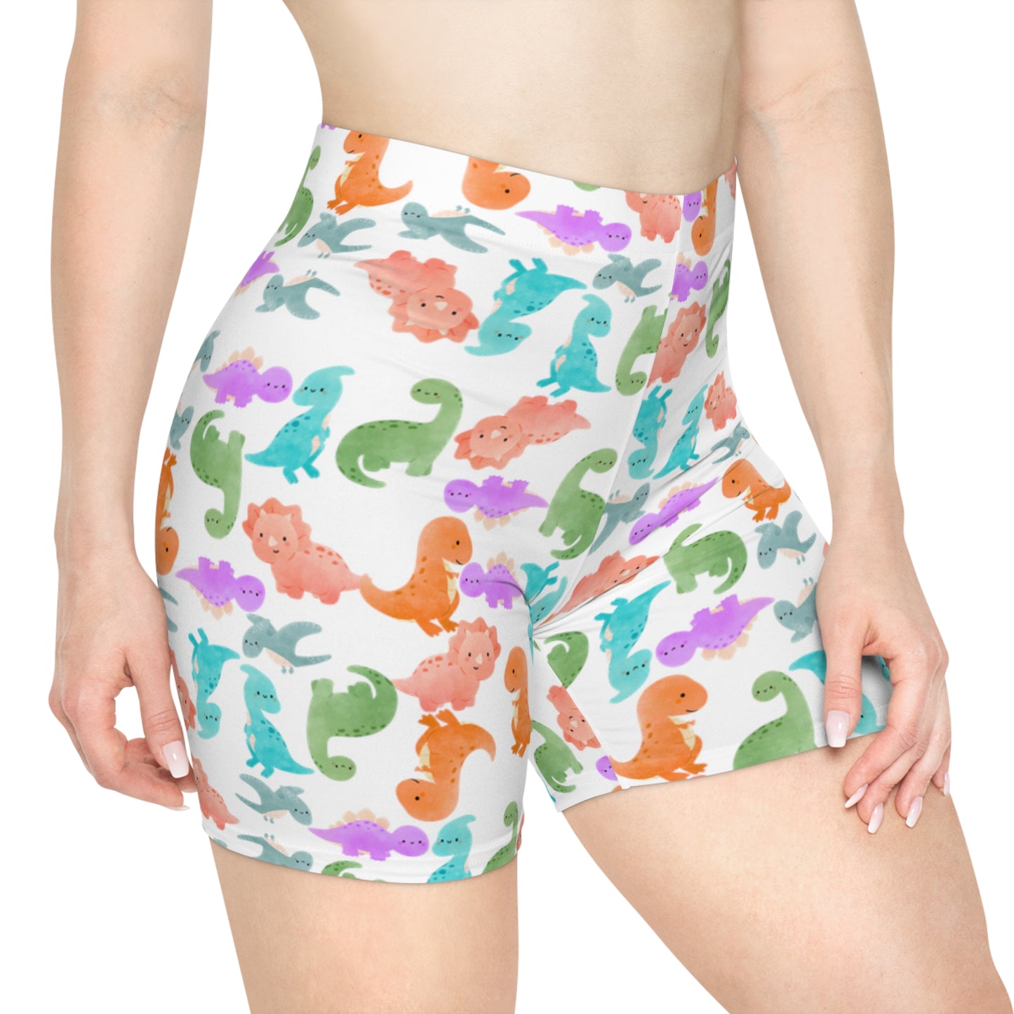 Colorful Dinosaur Womens Biker Shorts AOP Perfect for Casual Wear workout Summer Birthdays Playdates Unique Gift Rainbow Dinos White