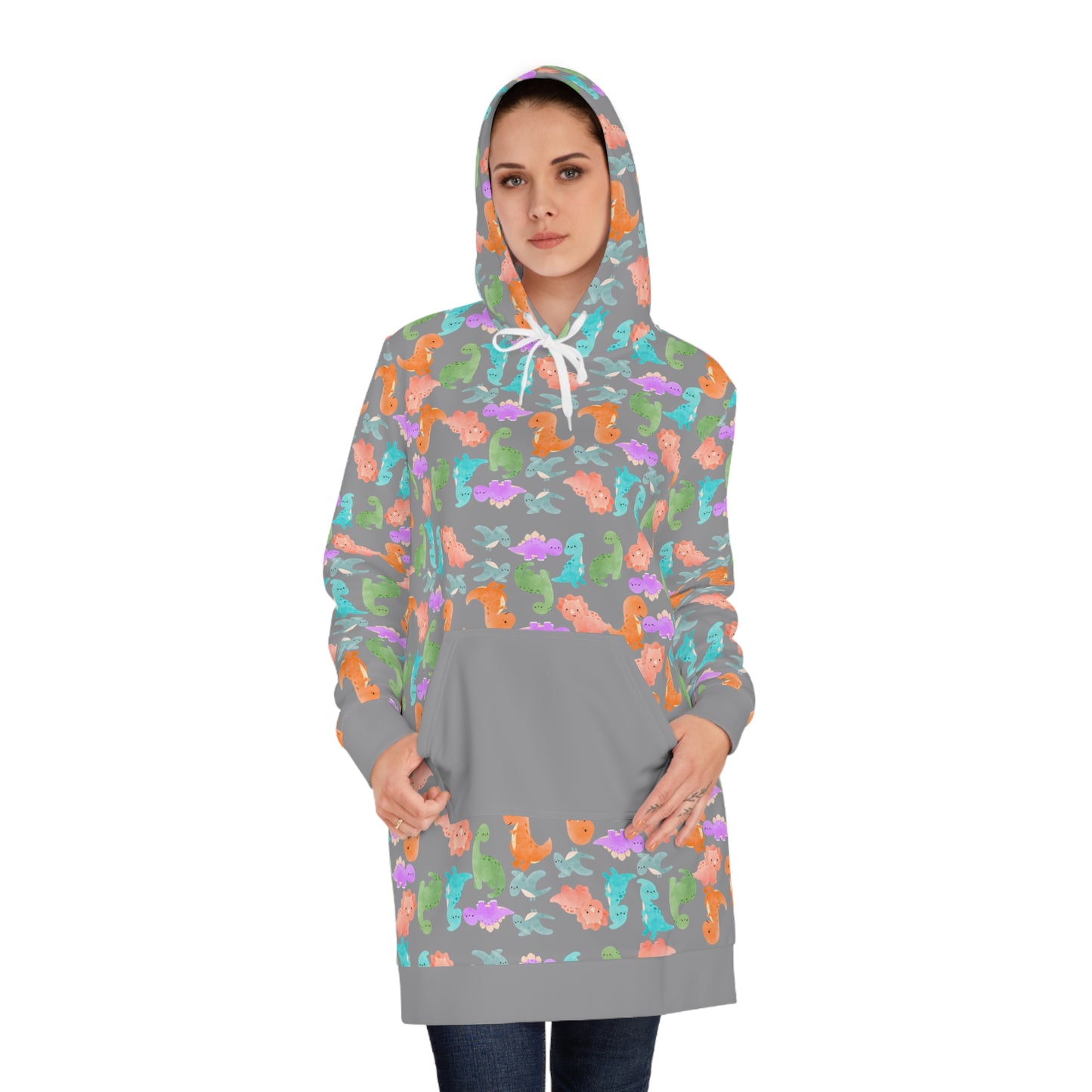 Womens Hoodie Dress Rainbow Dinos Grey