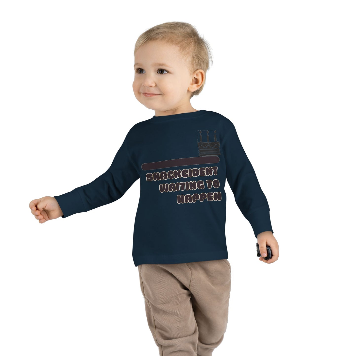 Snackcident Waiting to Happen Toddler Long Sleeve Tee | Cute Kids Shirt | Fun Gift for Birthdays, Playdates, Parties, Food Lovers