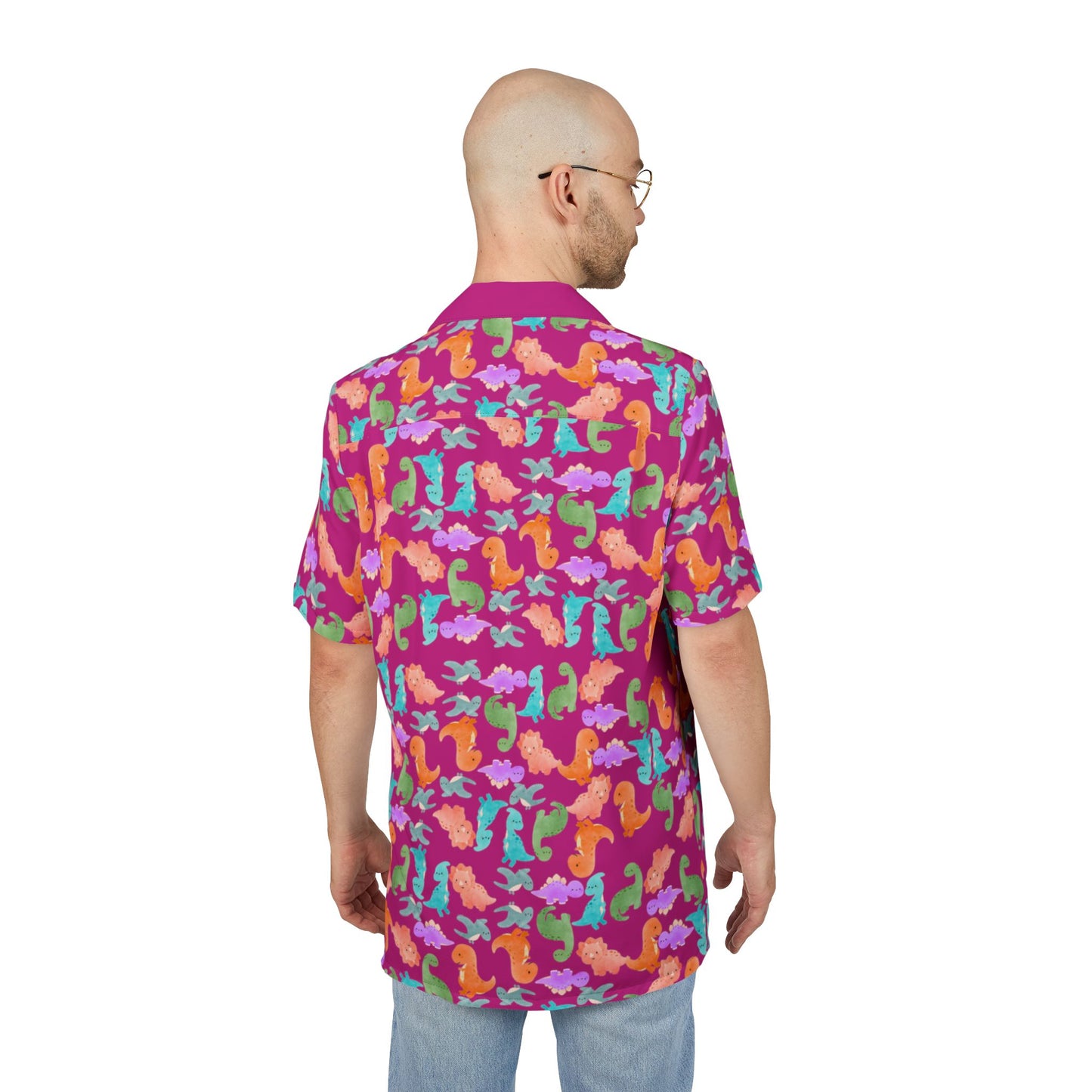 Vibrant Tropical Hawaiian Shirt for Summer Getaways Beachwear Casual Attire Vacation Luau Parties Rainbow Dinos Pink