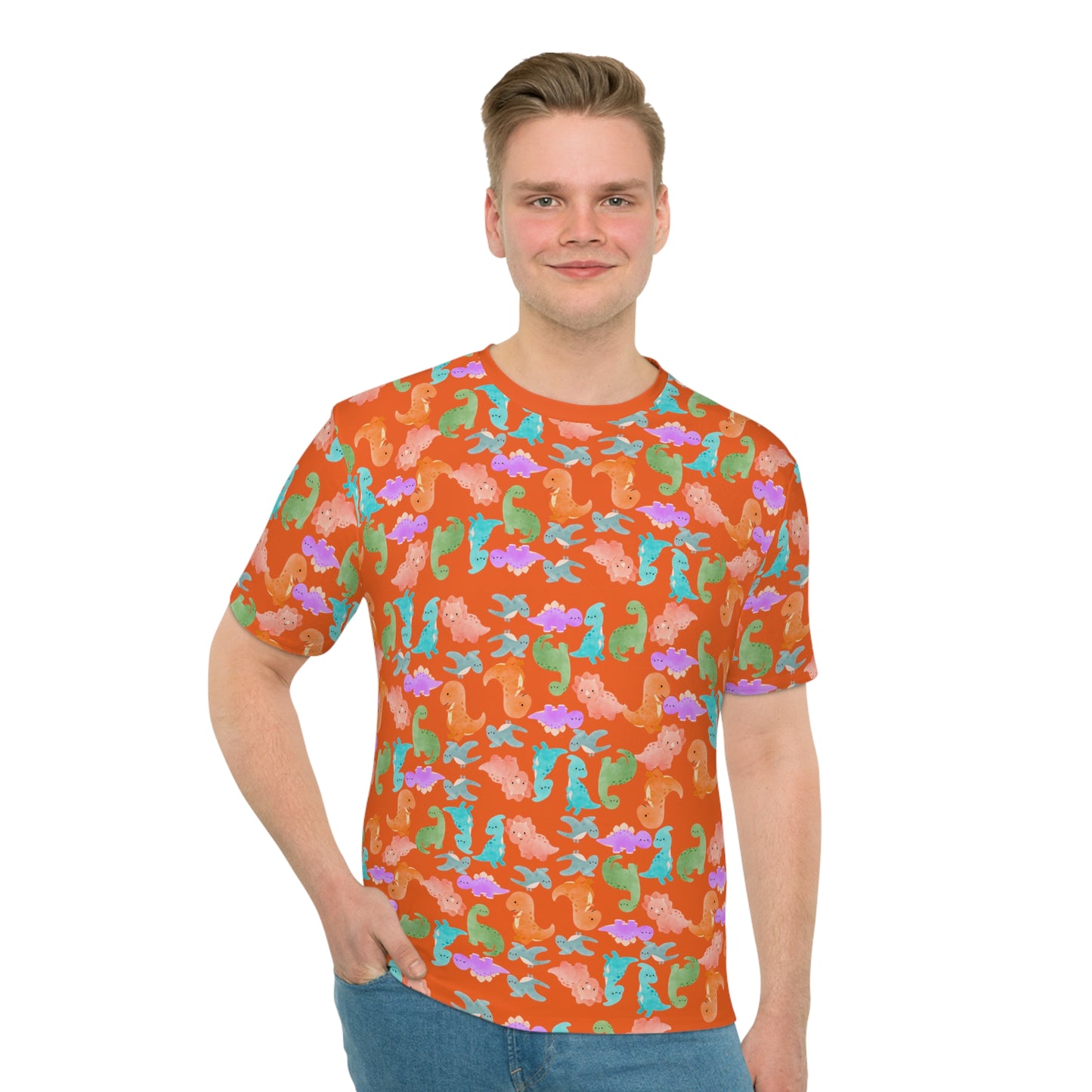 Whimsical Dino Mens Loose TShirt Beachwear Summer Shirt Gift Idea Casual Tee Rainbow Dinos Orange