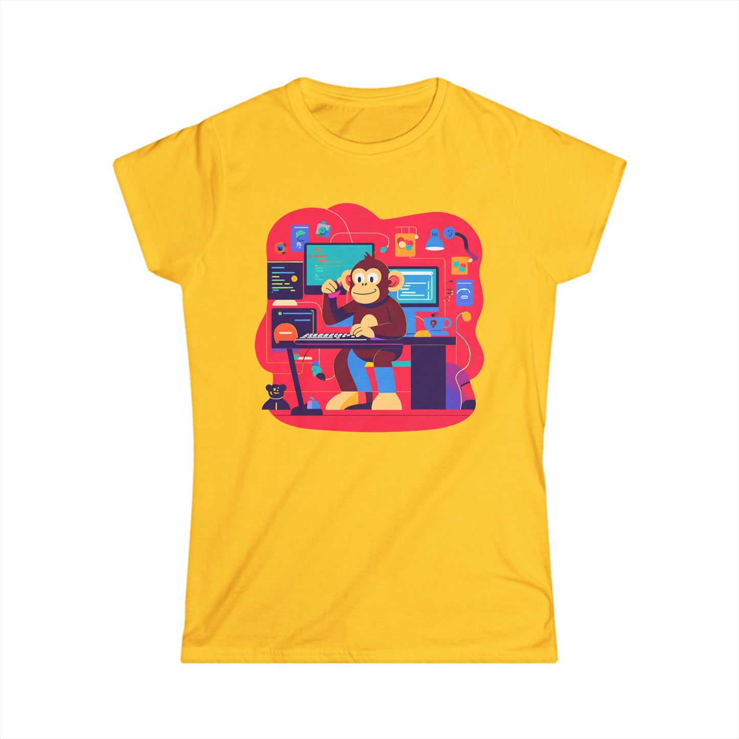Cute Gamer Monkey Tee, Women's Gaming Shirt, Fun Softstyle Tee, Anime Style T-Shirt, Gift for Gamers, Cute Animal Apparel