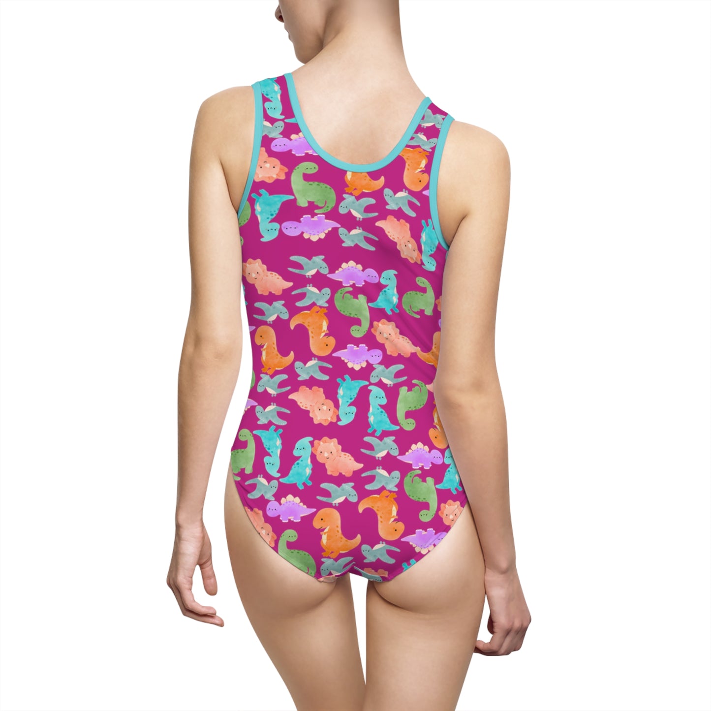 Vibrant Womens OnePiece Swimsuit Fun Summer Swimwear Beach Day Essential Pool Party Outfit Retro Style Swim Suit Rainbow Dinos Pink