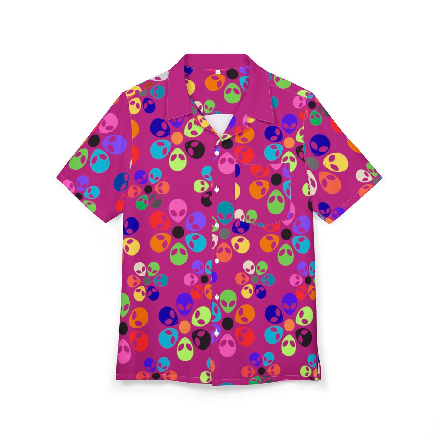 Vibrant Alien Print Hawaiian Shirt Unisex Summer ButtonUp Beachwear Vacation Outfit Festival Apparel Colorful Party Shirt Alien Rainbow Flowers Pink