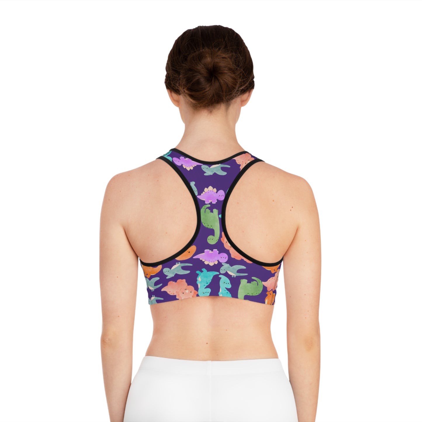 Colorful Dinosaur Print Sports Bra Cute Activewear Gym Top Fitness Wear Gifts for Her Workout Clothing Rainbow Dinos Purple