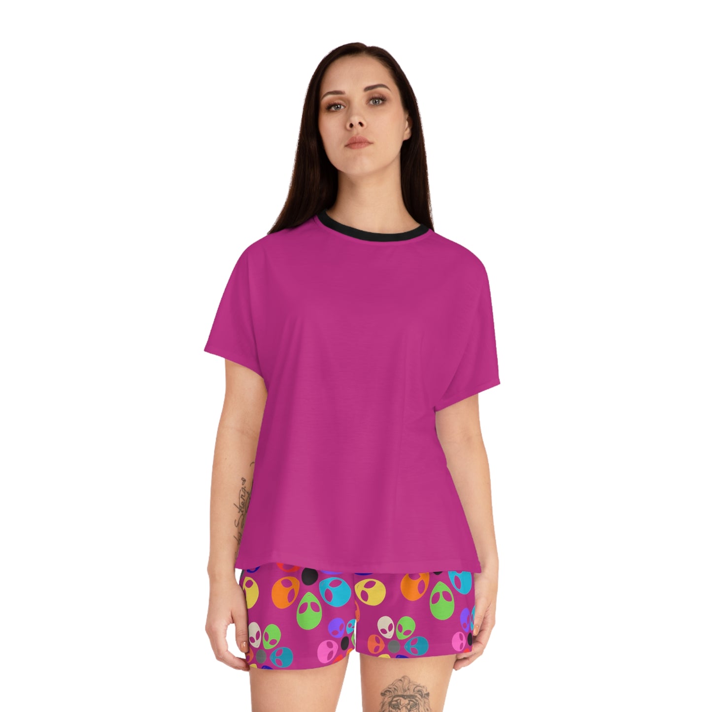 Colorful Alien Print Womens Pajama Set Fun Sleepwear for Teens Relaxing Nightwear Unique Gift for Space Lovers Cute Loungewear Alien Rainbow Flowers Pink