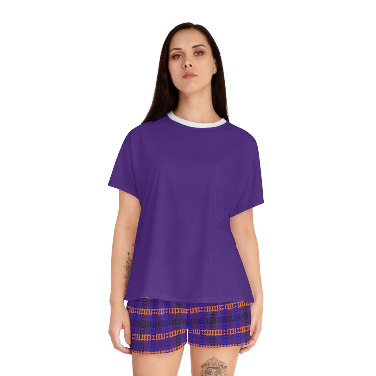 Cozy Womens Pajama Set for Relaxation Sleepwear Loungewear Gift for Her Stylish AOP Design Train Tracks Purple
