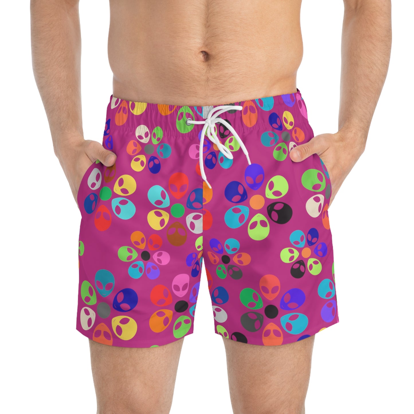 Colorful Alien Print Swim Trunks Fun Summer Beach Shorts Kids Swimwear Vacation Essentials Pool Party Attire Unique Summer Gift Alien Rainbow Flowers Pink