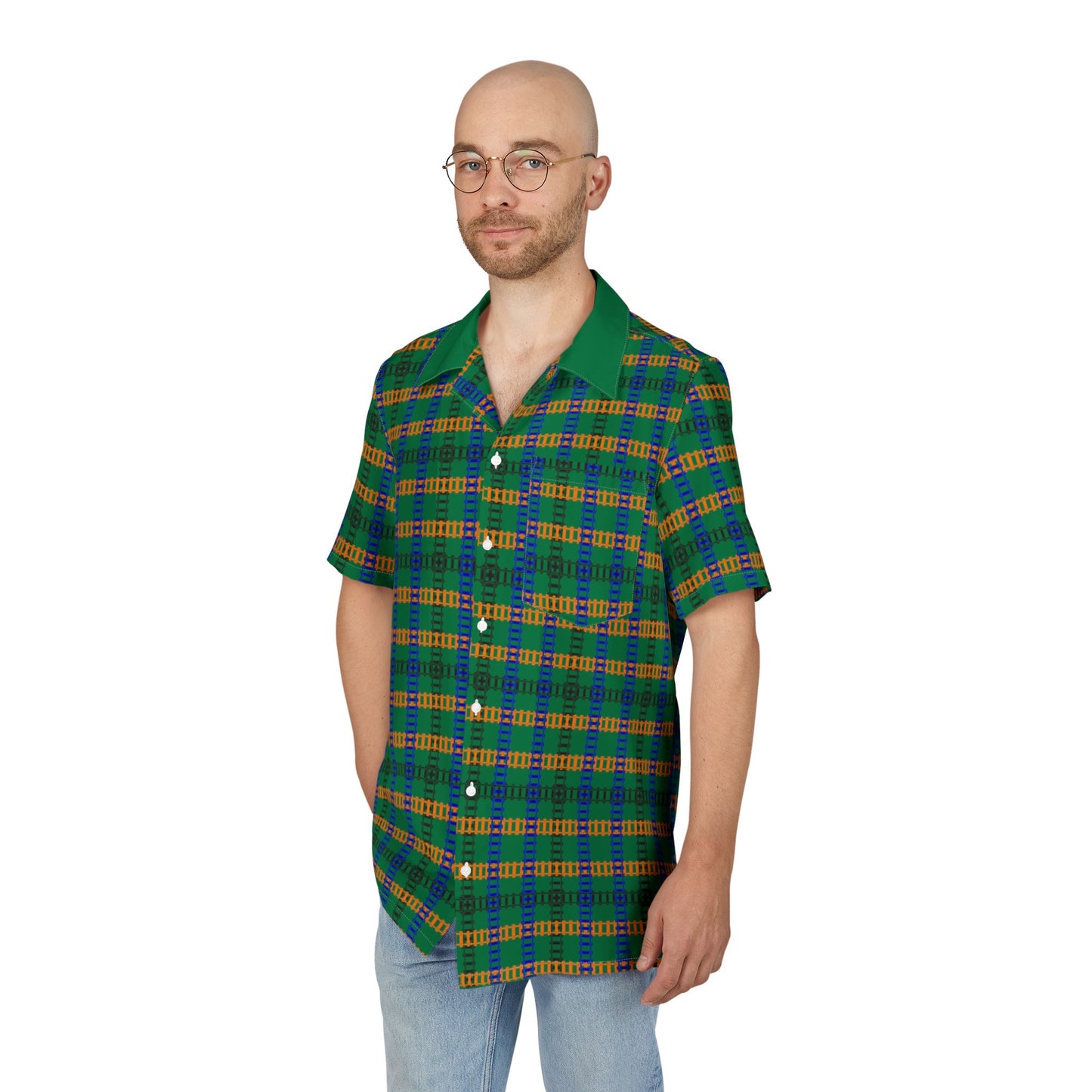 Vibrant Unisex Hawaiian Shirt Casual Summer Wear Vacation Outfit Beach Party Attire Gift for Him/Her Train Tracks Dark Green
