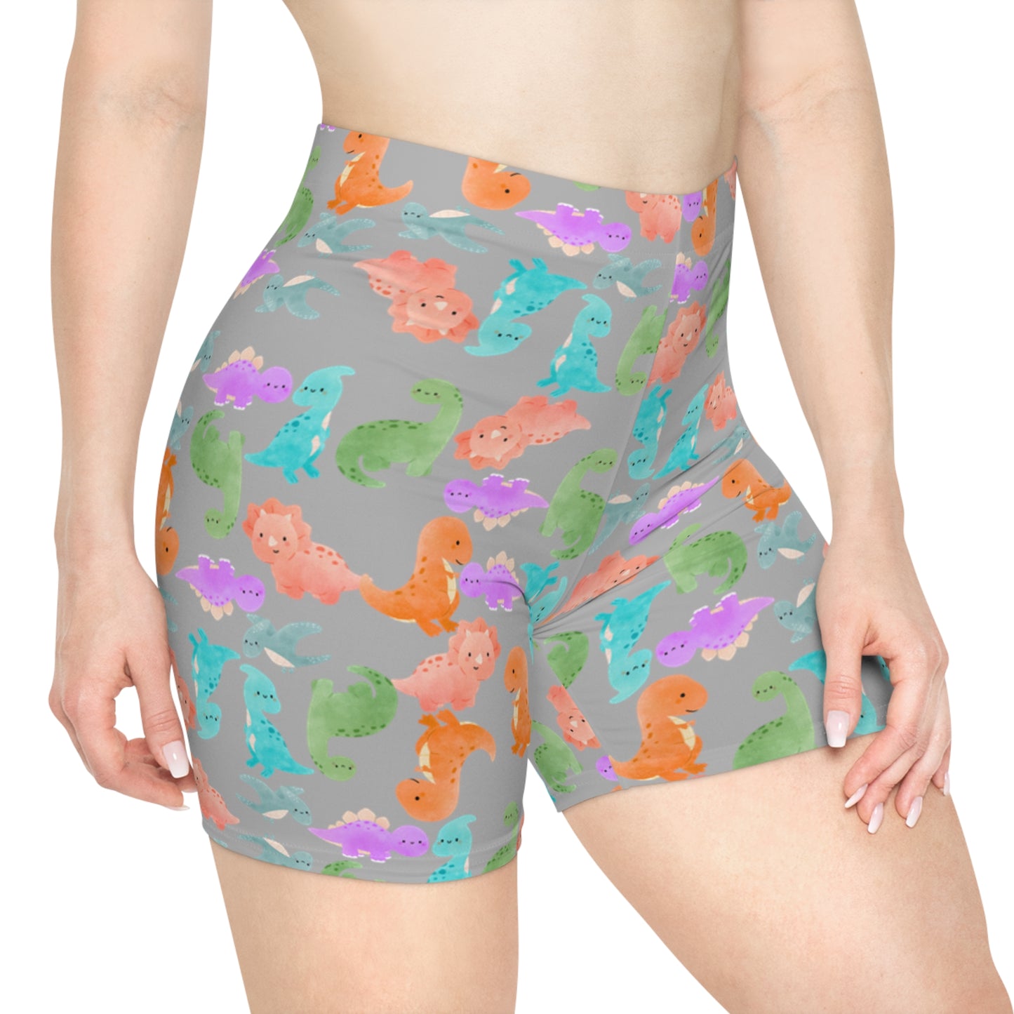 Colorful Dinosaur Womens Biker Shorts AOP Perfect for Casual Wear workout Summer Birthdays Playdates Unique Gift Rainbow Dinos Light Grey