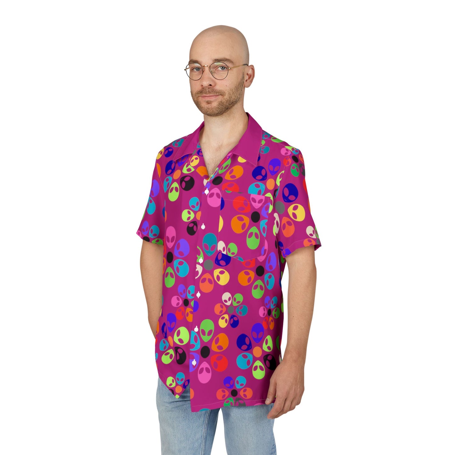 Vibrant Alien Print Hawaiian Shirt Unisex Summer ButtonUp Beachwear Vacation Outfit Festival Apparel Colorful Party Shirt Alien Rainbow Flowers Pink