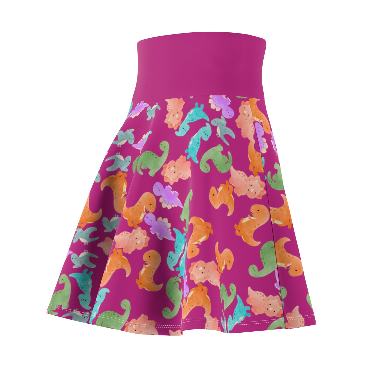Colorful Dino Print Womens Skater Skirt Cute Summer Skirt Fun Fashion Piece Beach Outfit Gift for Animal Lovers Casual Wear Rainbow Dinos Pink