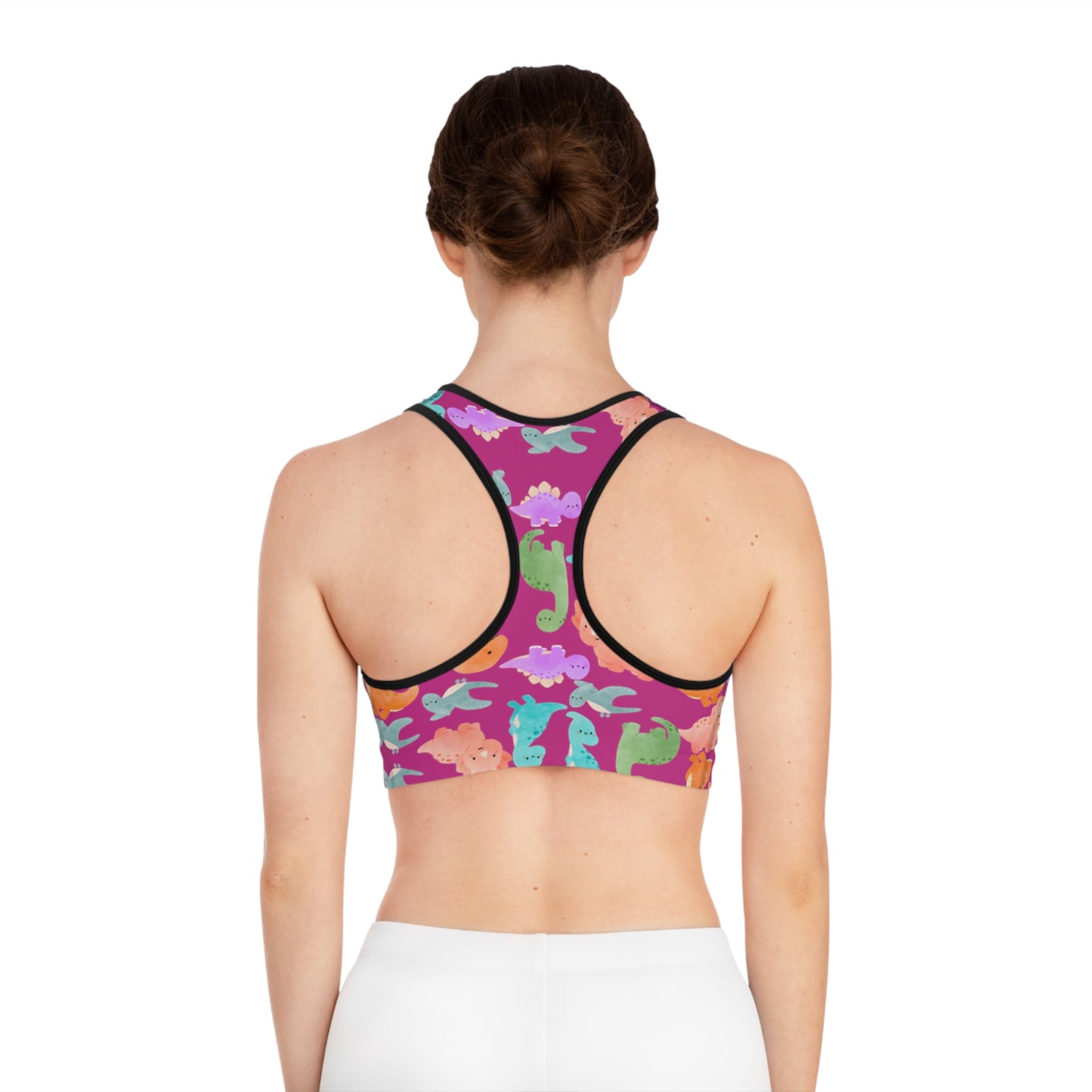 Colorful Dinosaur Print Sports Bra Cute Activewear Gym Top Fitness Wear Gifts for Her Workout Clothing Rainbow Dinos Pink