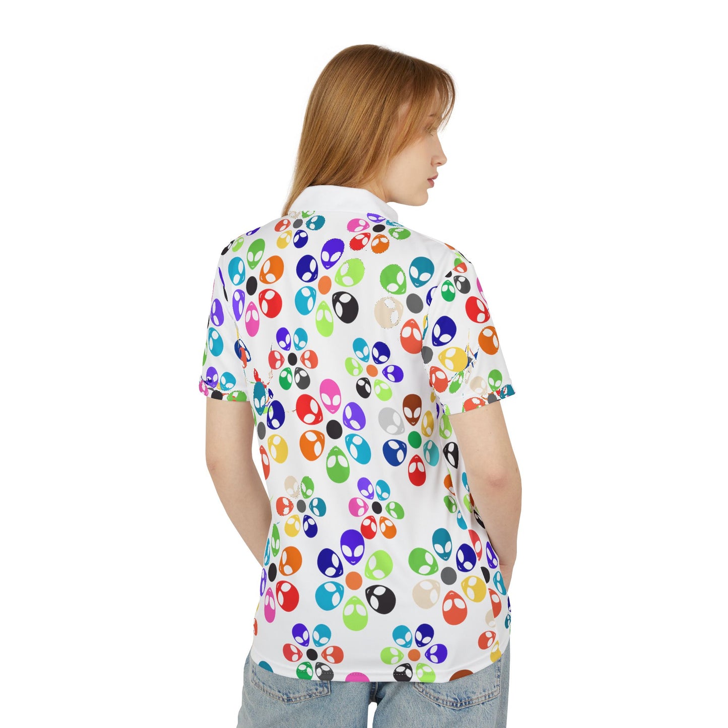 Colorful Alien Print Unisex Polo Shirt Perfect for Festivals Holiday Parties Casual Wear Gift Ideas Unique Menswear Alien Rainbow Flowers Pink
