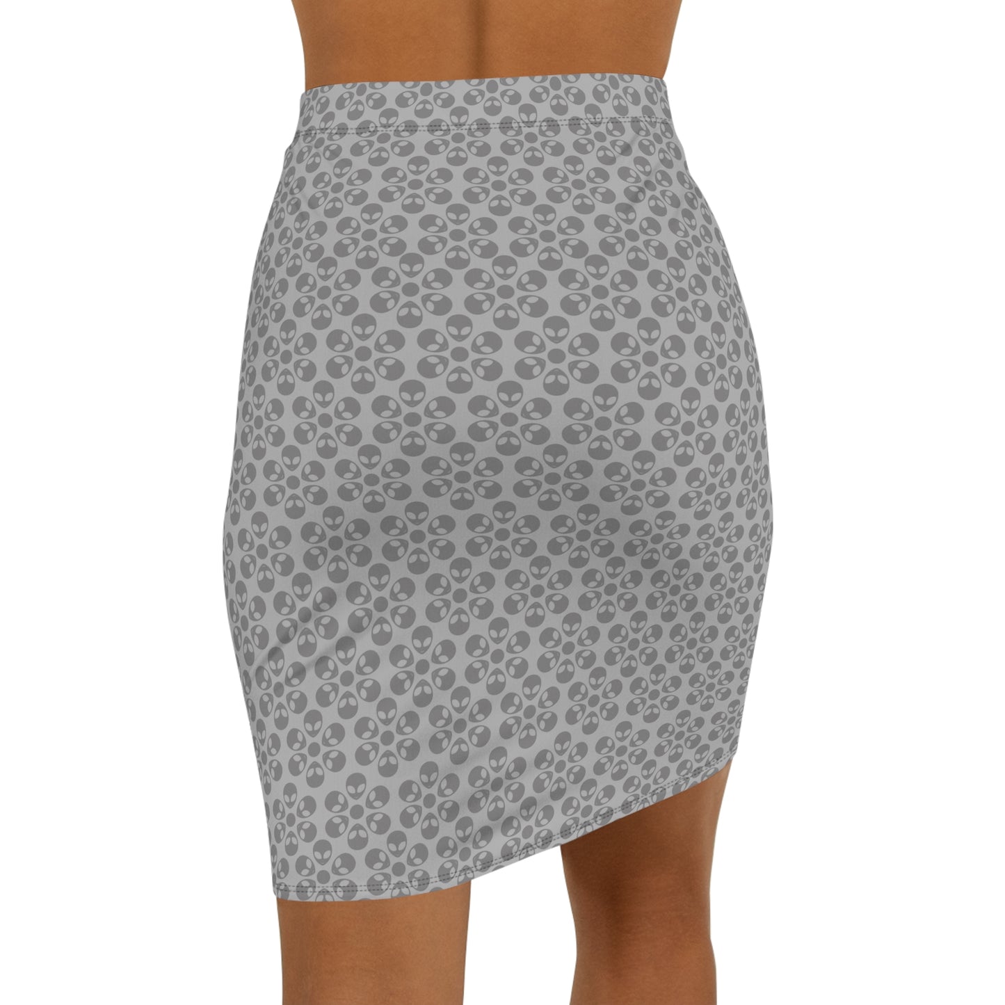 Womens MidWaist Pencil Skirt Alien Flowers Light Grey