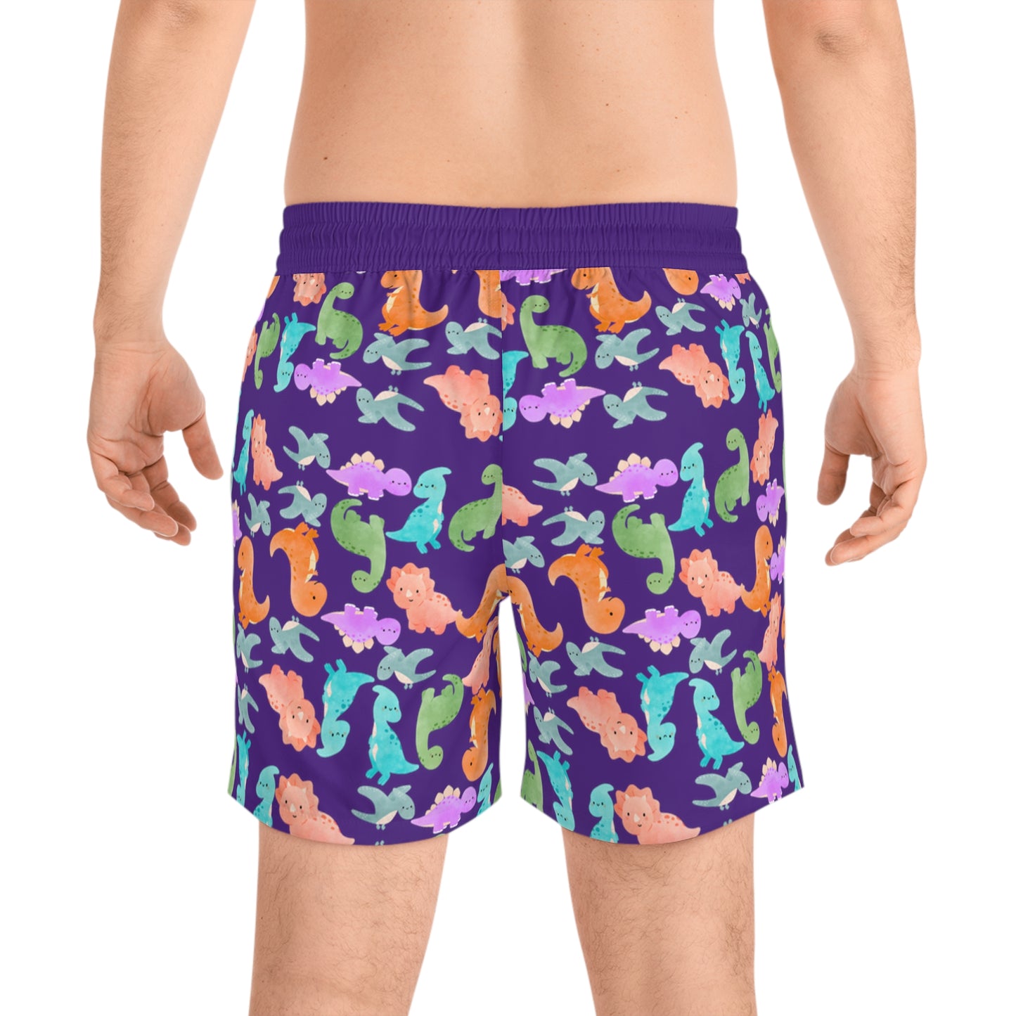 Colorful Dino Swim Shorts for Men | Beachwear Summer Fun Pool Parties Vacation Essentials Nautical Style Rainbow Dinos Purple