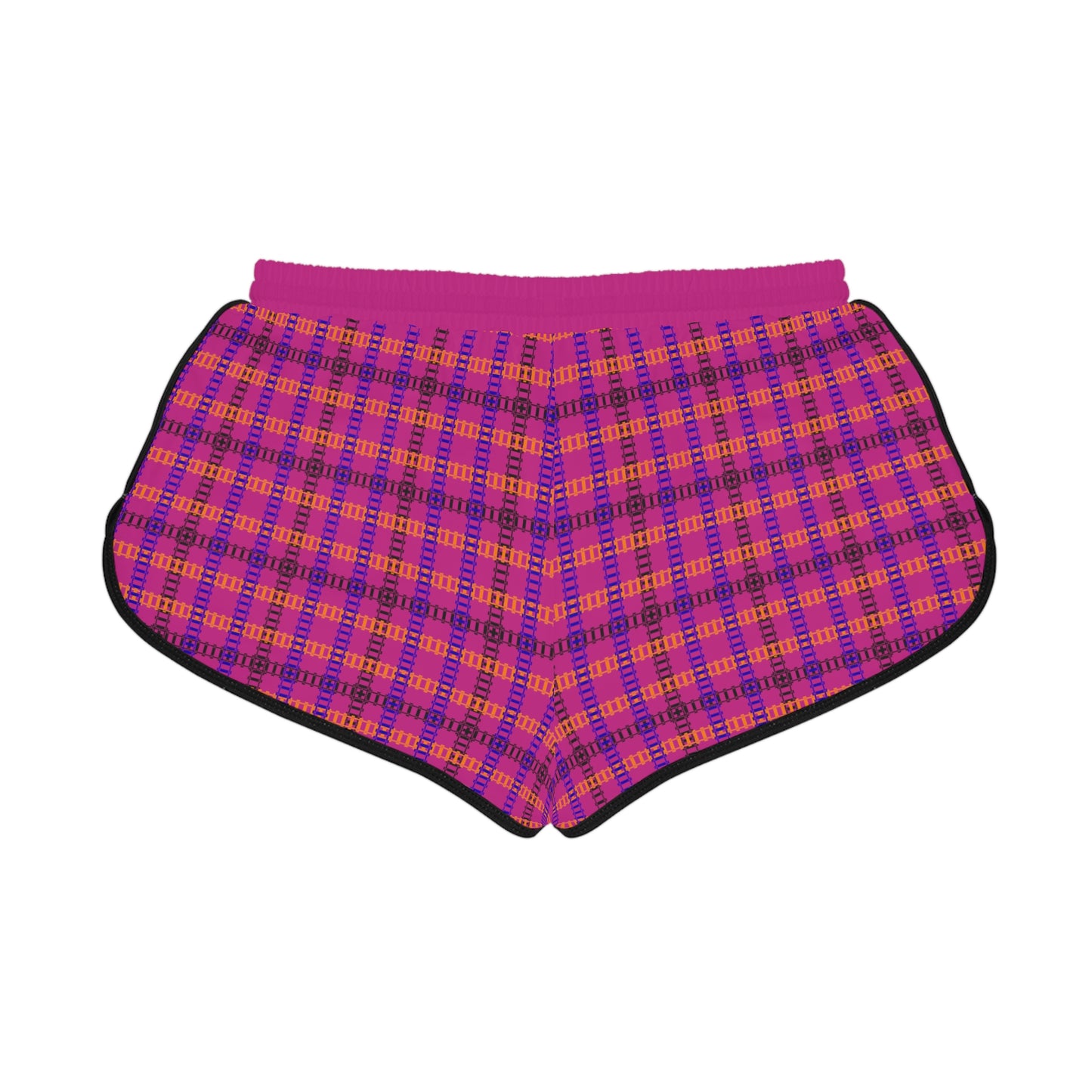 Cozy Casual Womens Shorts Perfect for Summer Days Lounging Beach or Sleepwear AOP Plaid Design Train Tracks Pink