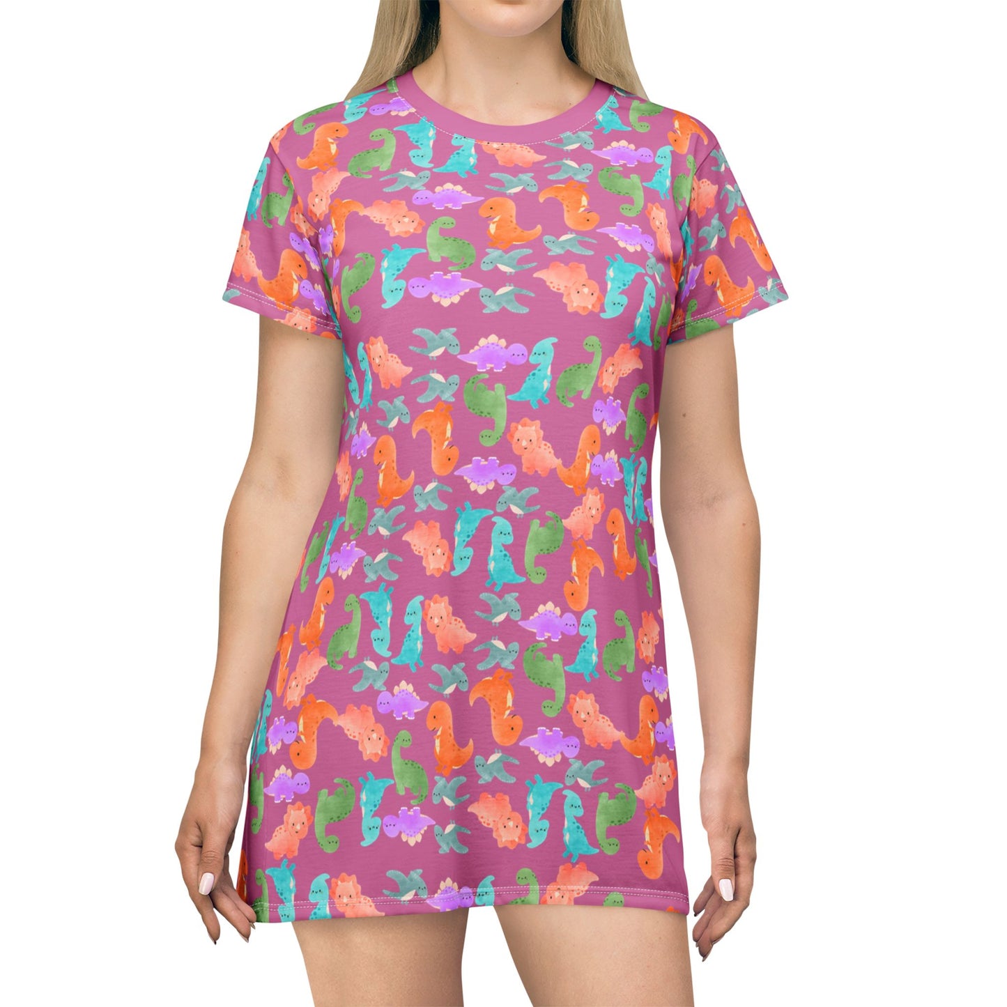 Colorful Dino TShirt Dress Beachwear Summer Dress Casual Outfit Gift for Her Sea Life Fashion Rainbow Dinos Light Pink