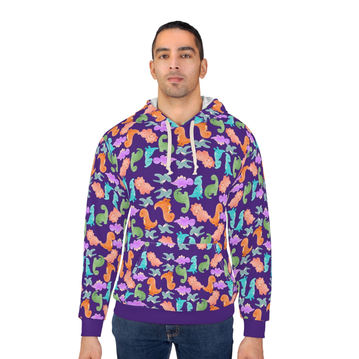 Colorful Dino Unisex Pullover Hoodie Cozy Beach Vibe Sweatshirt Gift for Ocean Lovers Fun Casual Wear Homewear Rainbow Dinos Purple
