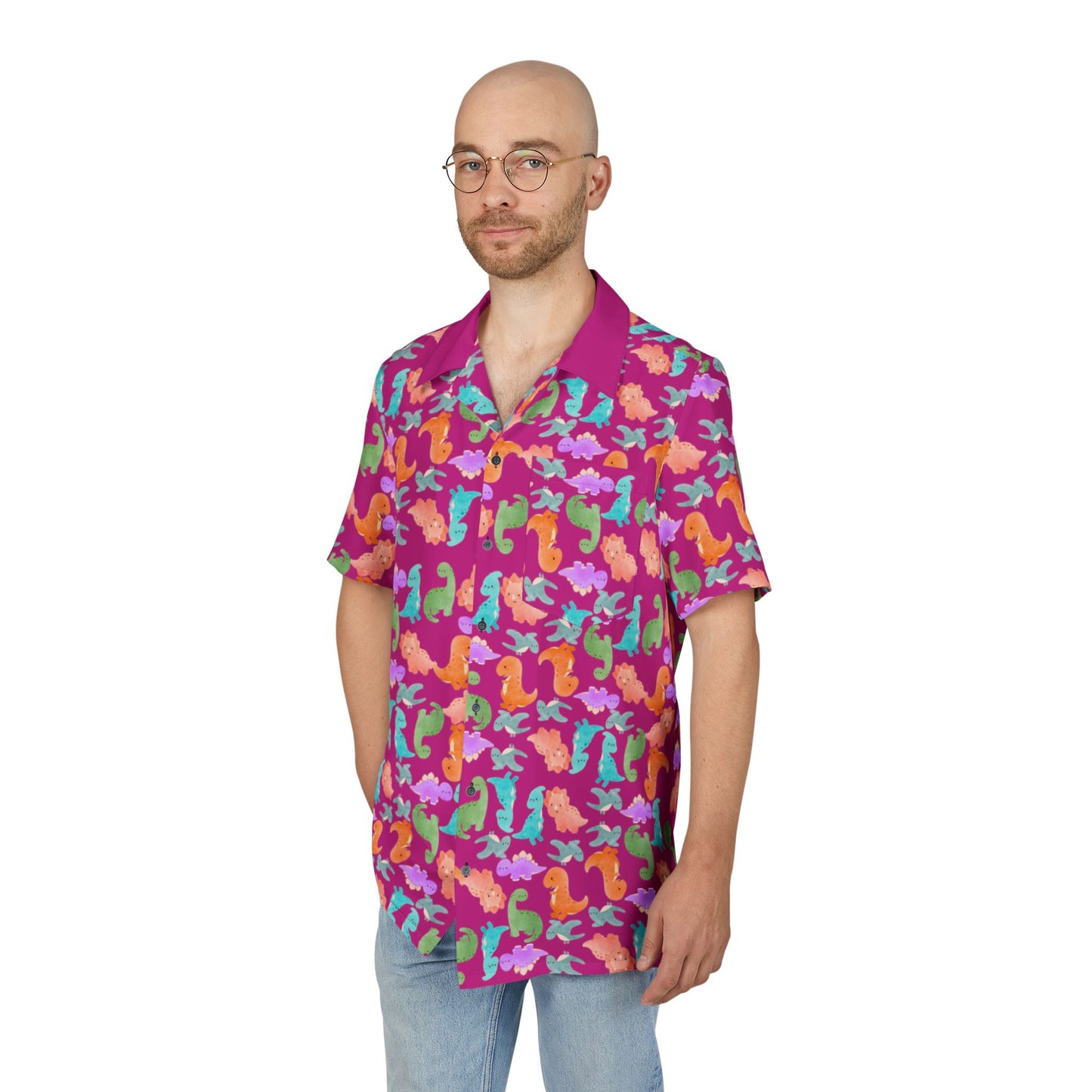 Vibrant Tropical Hawaiian Shirt for Summer Getaways Beachwear Casual Attire Vacation Luau Parties Rainbow Dinos Pink