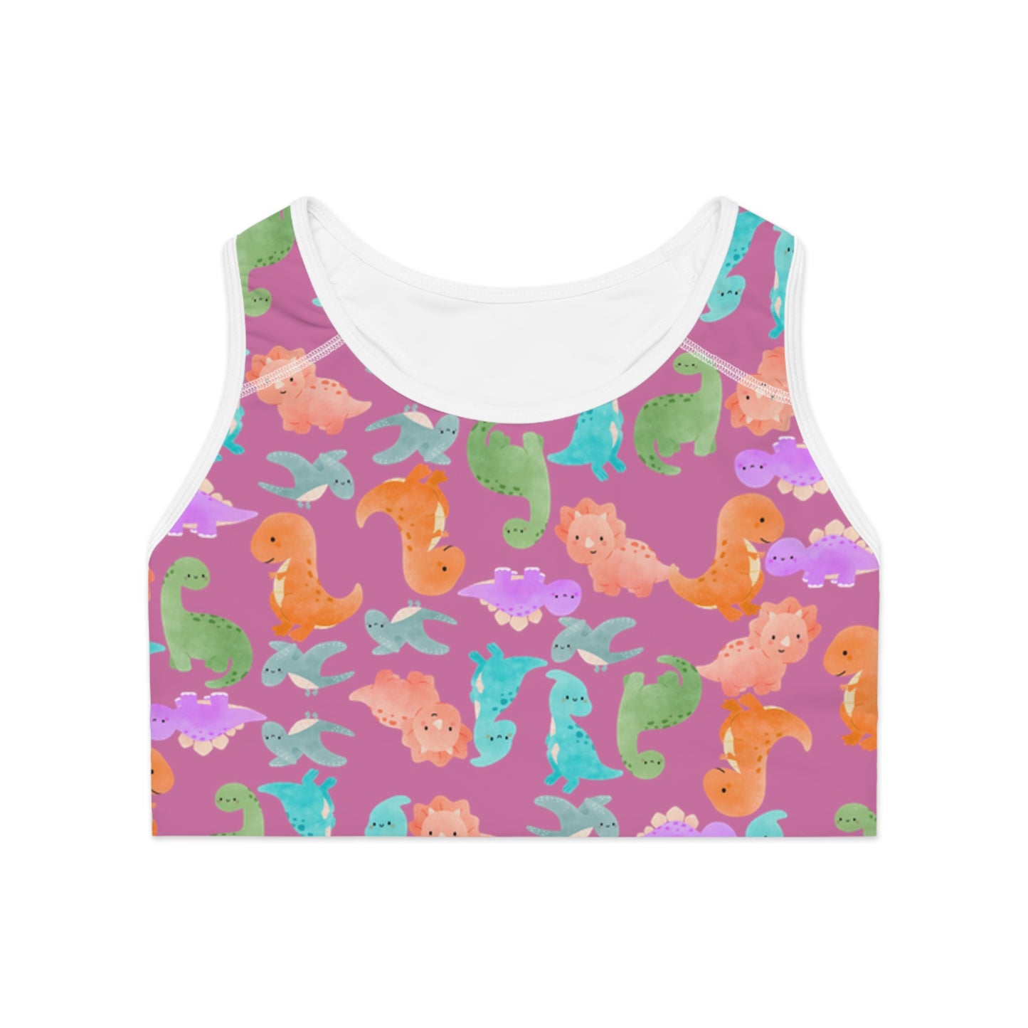 Colorful Dinosaur Print Sports Bra Cute Activewear Gym Top Fitness Wear Gifts for Her Workout Clothing Rainbow Dinos Light Pink