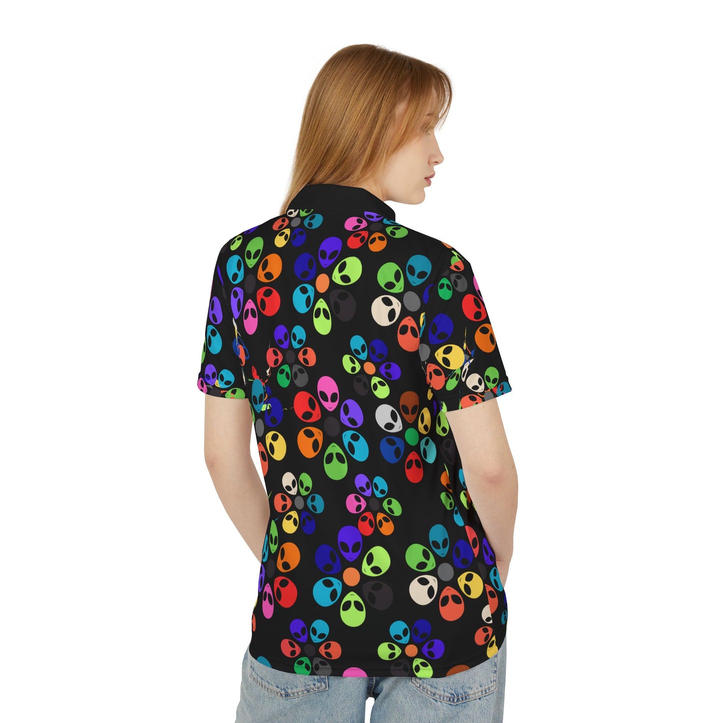 Colorful Alien Print Unisex Polo Shirt Perfect for Festivals Holiday Parties Casual Wear Gift Ideas Unique Menswear Alien Rainbow Flowers Pink