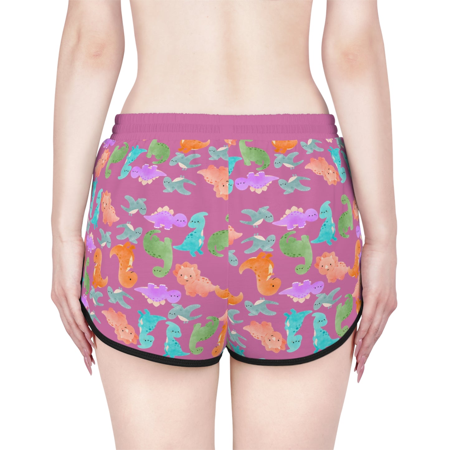 Colorful Dino Print Womens Relaxed Shorts Perfect for Summer Beachwear Loungewear Gift for Her Casual Style Rainbow Dinos Light Pink