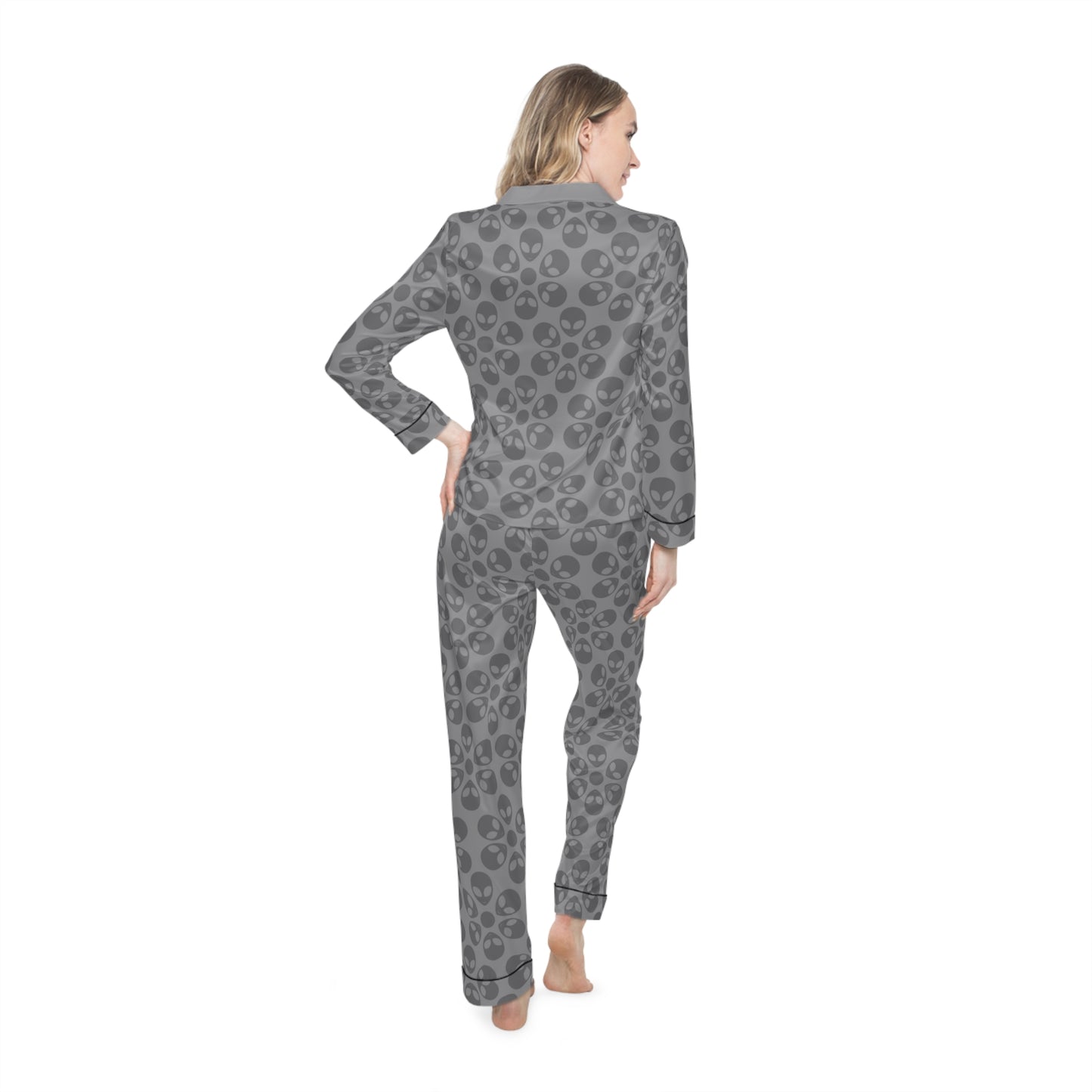 Womens Satin Pajamas Alien Flowers White