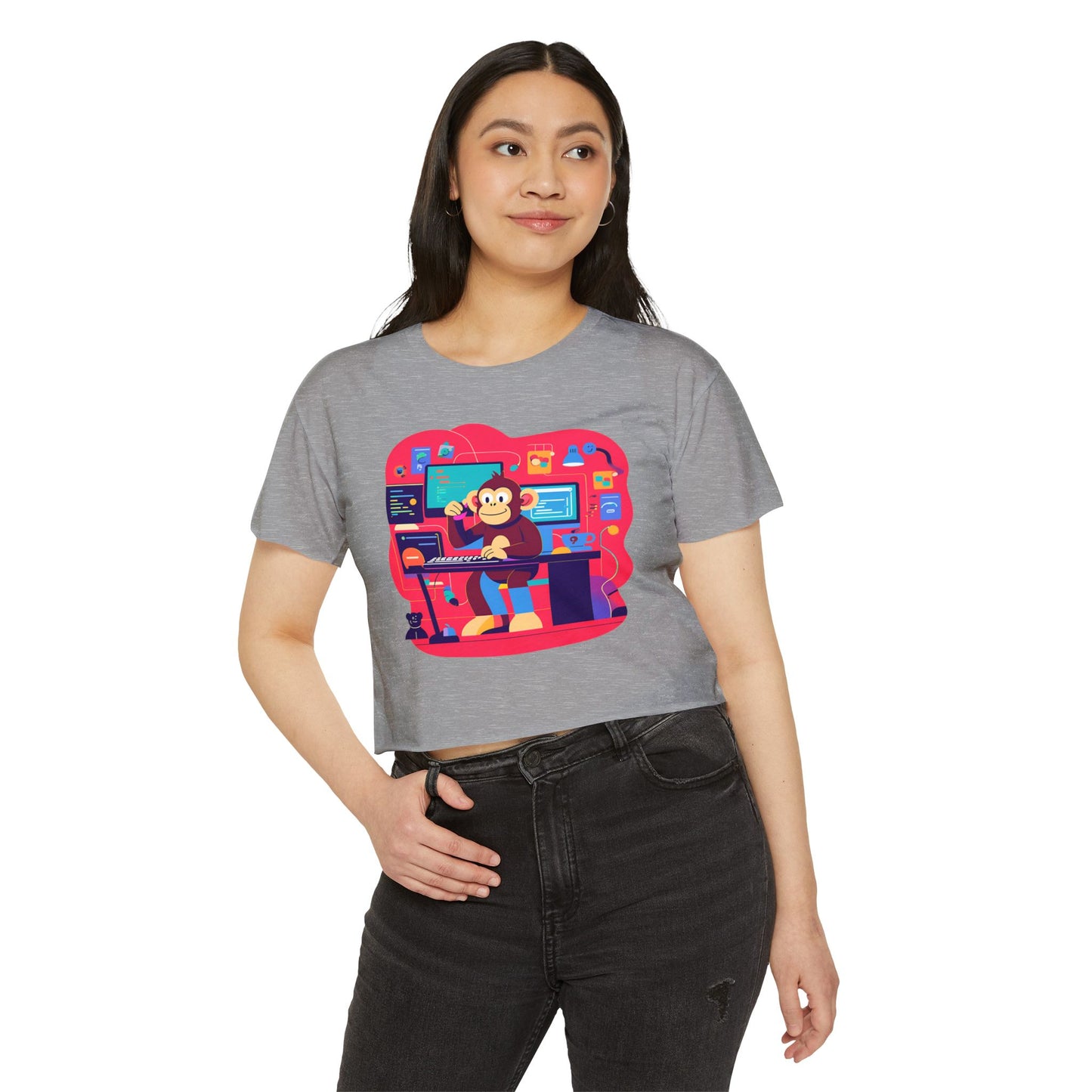 Colorful DJ Monkey Festival Crop Top, Music Festival Shirt, Summer Party Top, Gift for Festival Lovers, Playful Unique T-Shirt