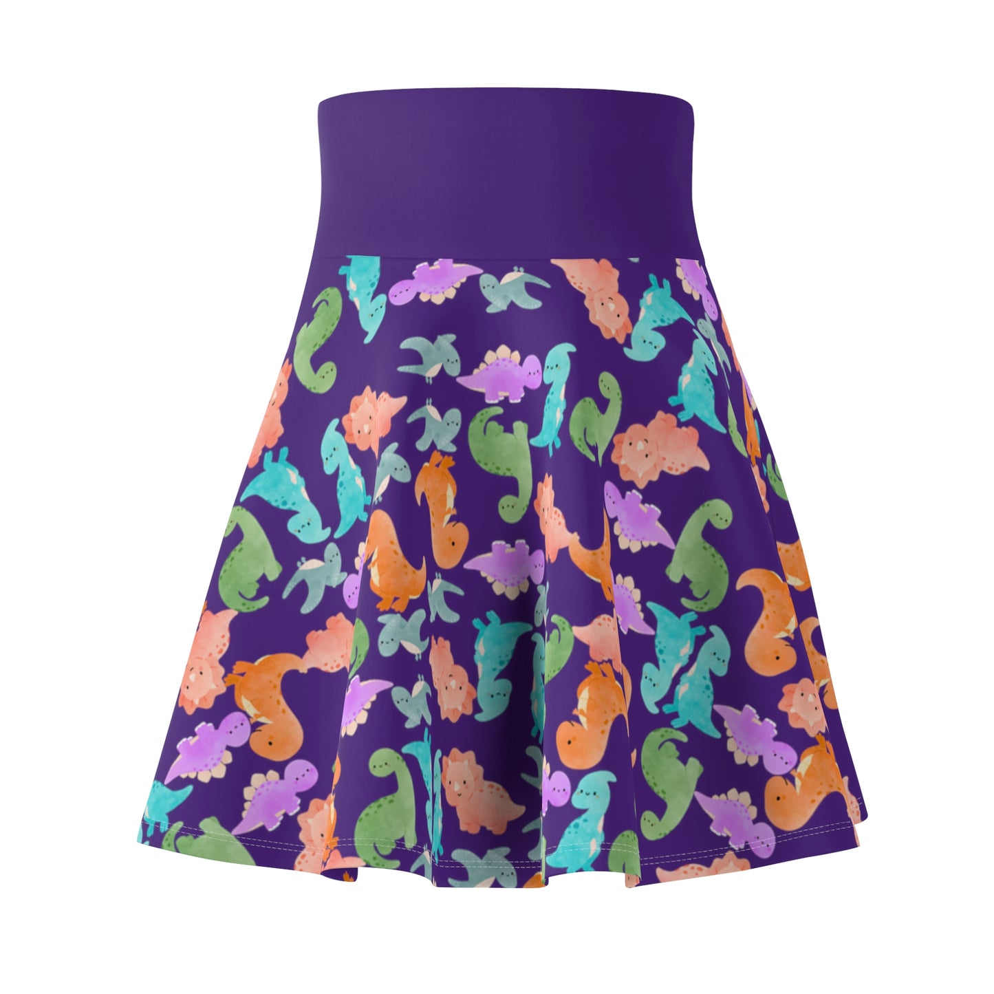 Colorful Dino Print Womens Skater Skirt Cute Summer Skirt Fun Fashion Piece Beach Outfit Gift for Animal Lovers Casual Wear Rainbow Dinos Purple