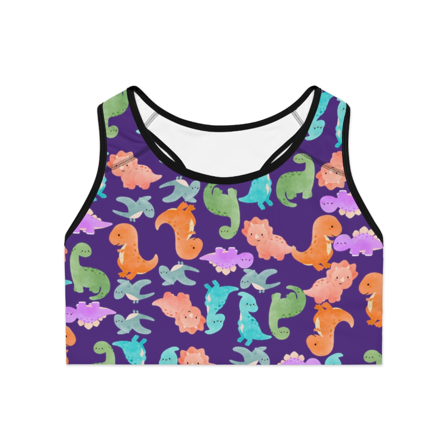 Colorful Dinosaur Print Sports Bra Cute Activewear Gym Top Fitness Wear Gifts for Her Workout Clothing Rainbow Dinos Purple