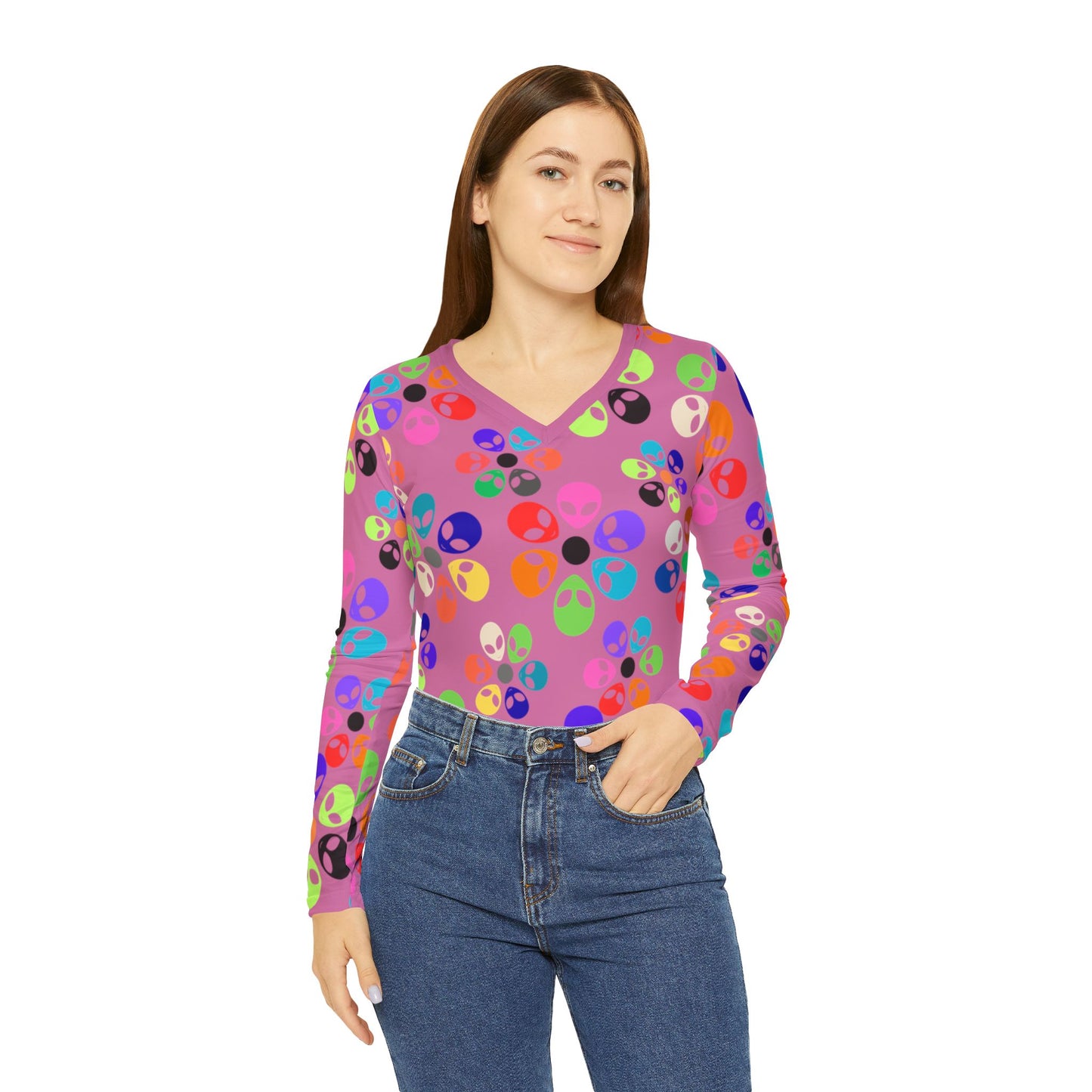 Colorful Alien Print Womens Long Sleeve VNeck Shirt Fun VNeck Tee Boho Style Top Unique Gift for SciFi Lovers Casual Everyday Wear Alien Rainbow Flowers Light Pink