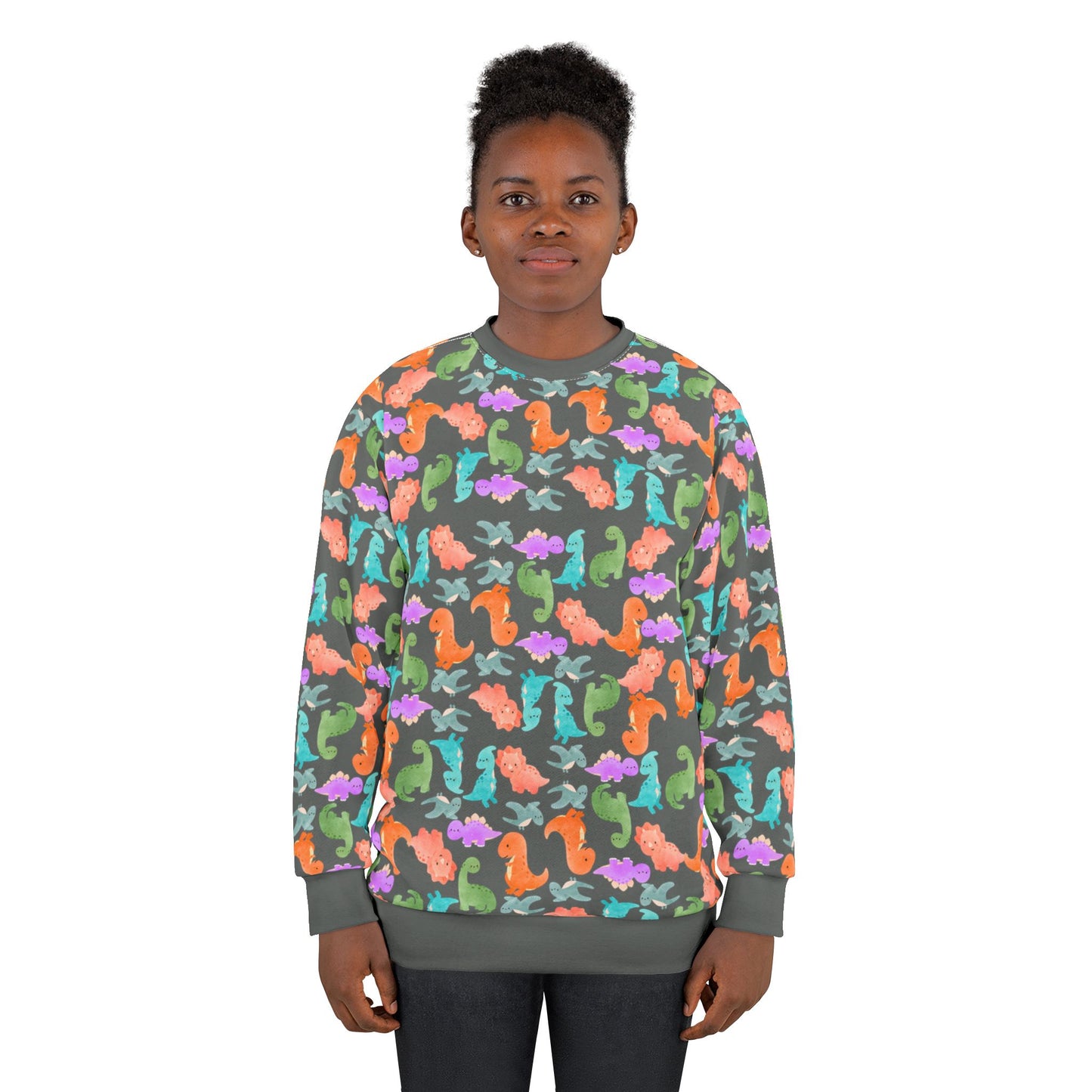 Colorful Dino Unisex Sweatshirt Ocean Vibe Apparel AOP Pullover for Beach Lovers Gift for Sea Life Enthusiasts Casual Cozy Wear Rainbow Dinos Dark Grey