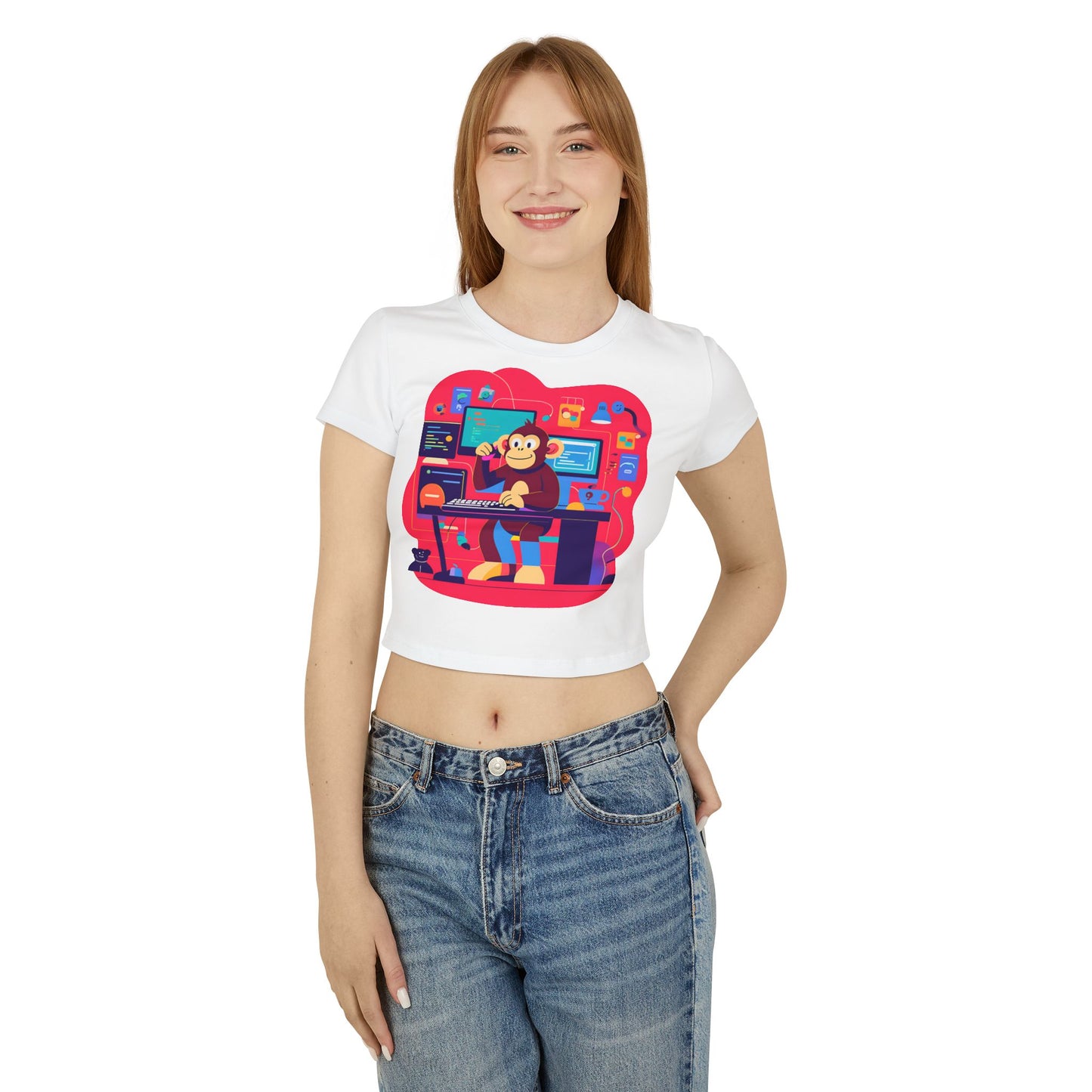 Playful Monkey Graphic Baby Tee for Women, Funny Casual T-Shirt, Gift for Gamers, Cute Animal Shirt, Summer Fashion, Birthday Present