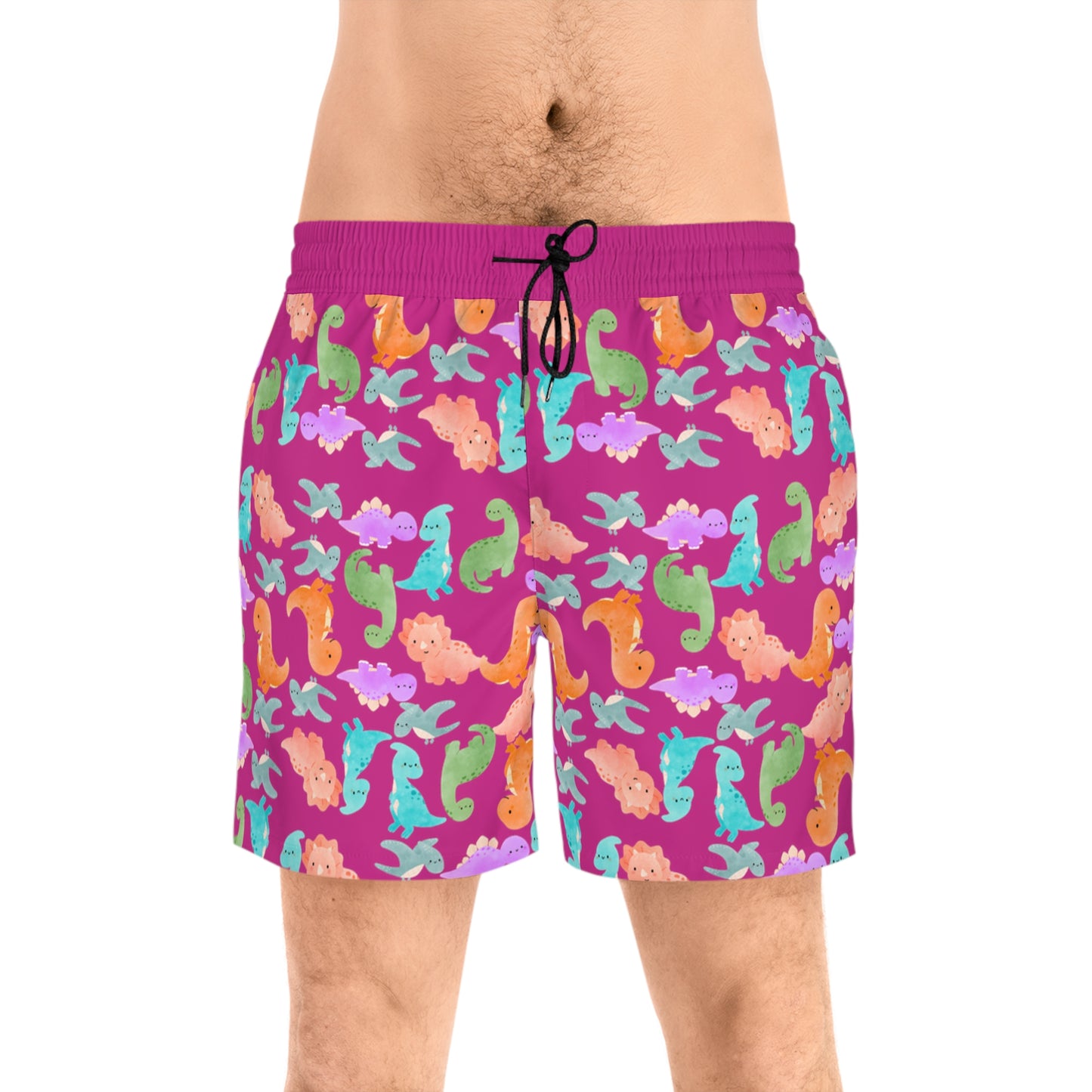 Colorful Dino Swim Shorts for Men | Beachwear Summer Fun Pool Parties Vacation Essentials Nautical Style Rainbow Dinos Pink