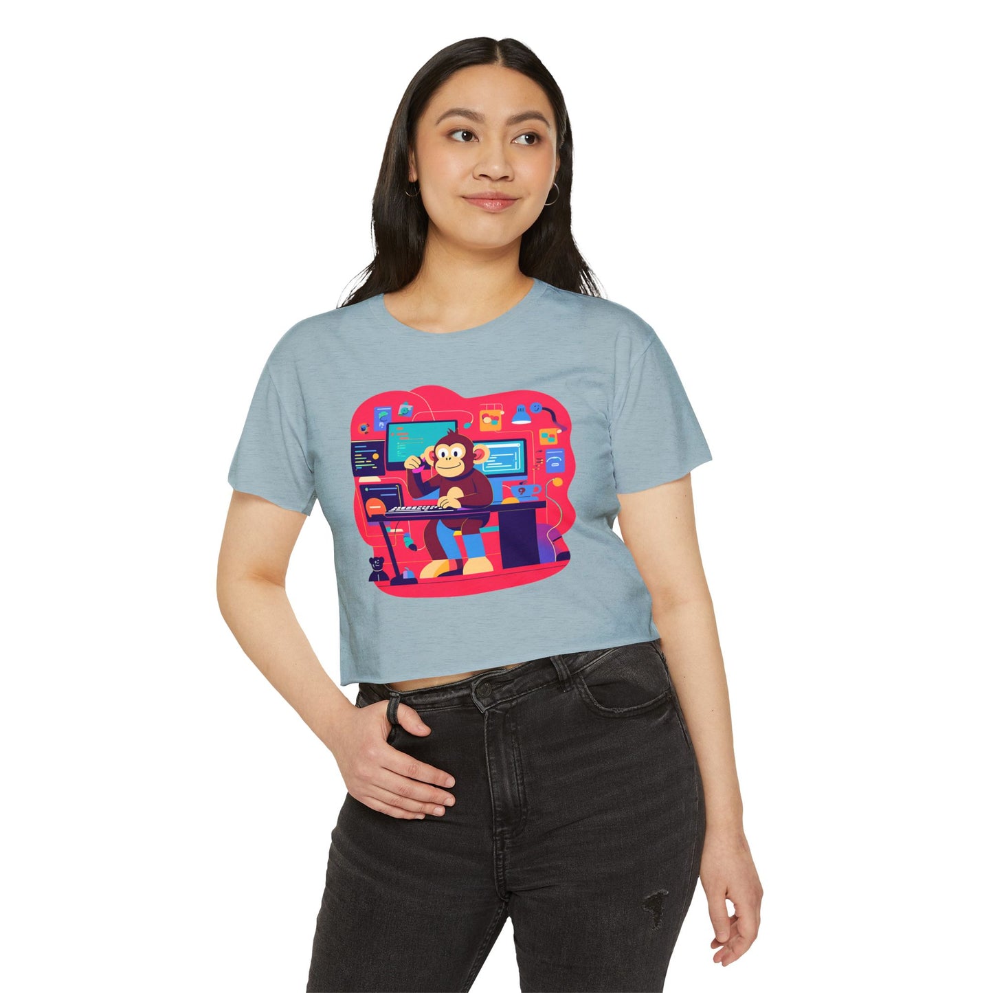 Colorful DJ Monkey Festival Crop Top, Music Festival Shirt, Summer Party Top, Gift for Festival Lovers, Playful Unique T-Shirt