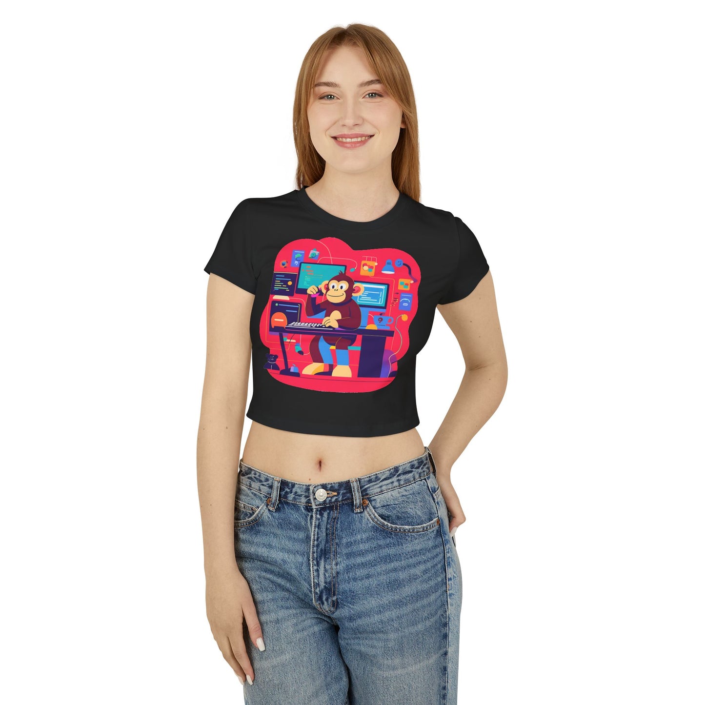 Playful Monkey Graphic Baby Tee for Women, Funny Casual T-Shirt, Gift for Gamers, Cute Animal Shirt, Summer Fashion, Birthday Present