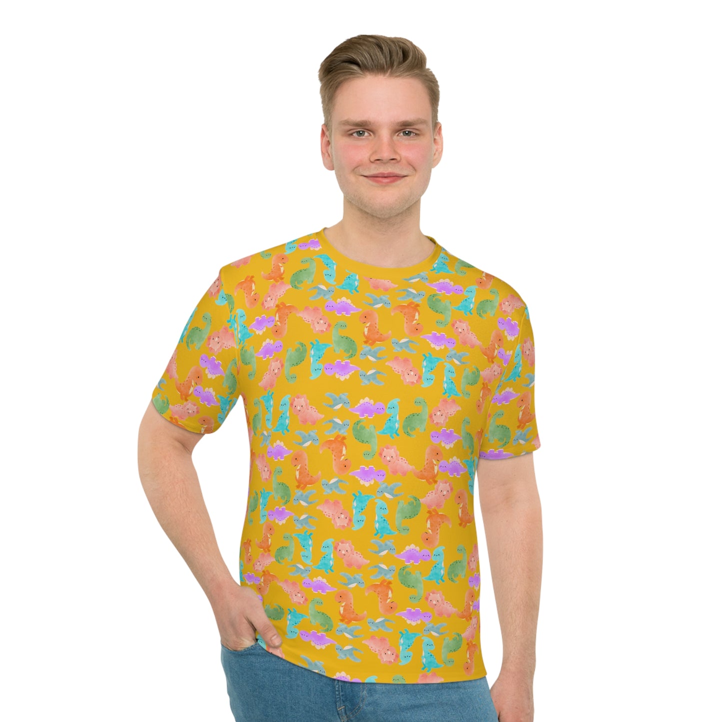 Whimsical Dino Mens Loose TShirt Beachwear Summer Shirt Gift Idea Casual Tee Rainbow Dinos Yellow
