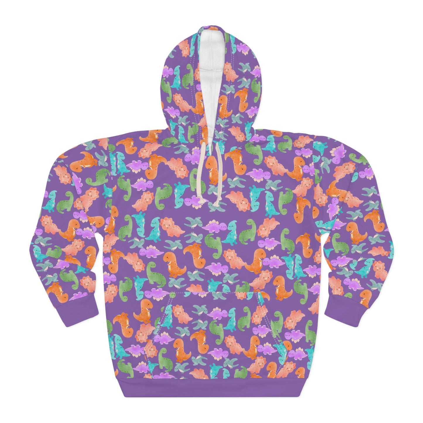Colorful Dino Unisex Pullover Hoodie Cozy Beach Vibe Sweatshirt Gift for Ocean Lovers Fun Casual Wear Homewear Rainbow Dinos Light Purple