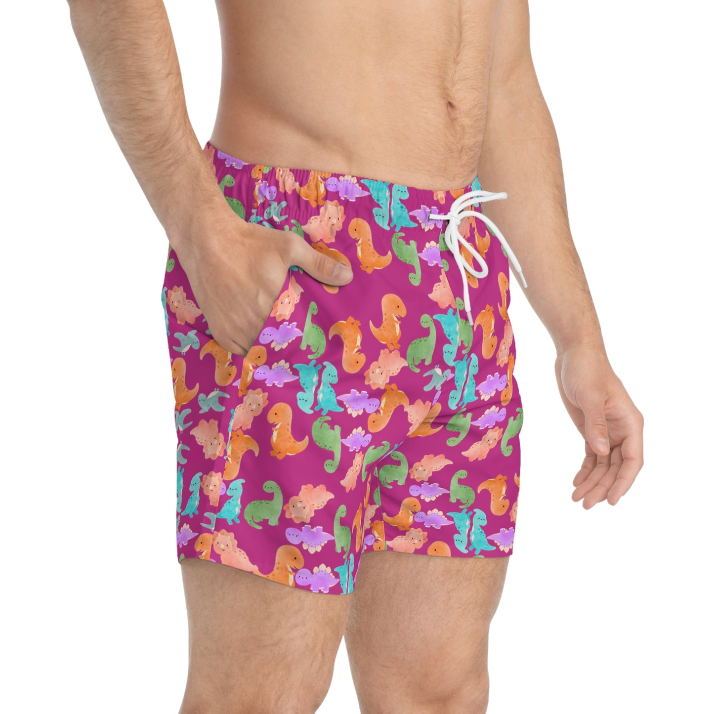 Colorful Dinosaur Swim Trunks for Summer Fun Beachwear Pool Party Vacation Essentials Kids & Adults Swimwear Rainbow Dinos Pink